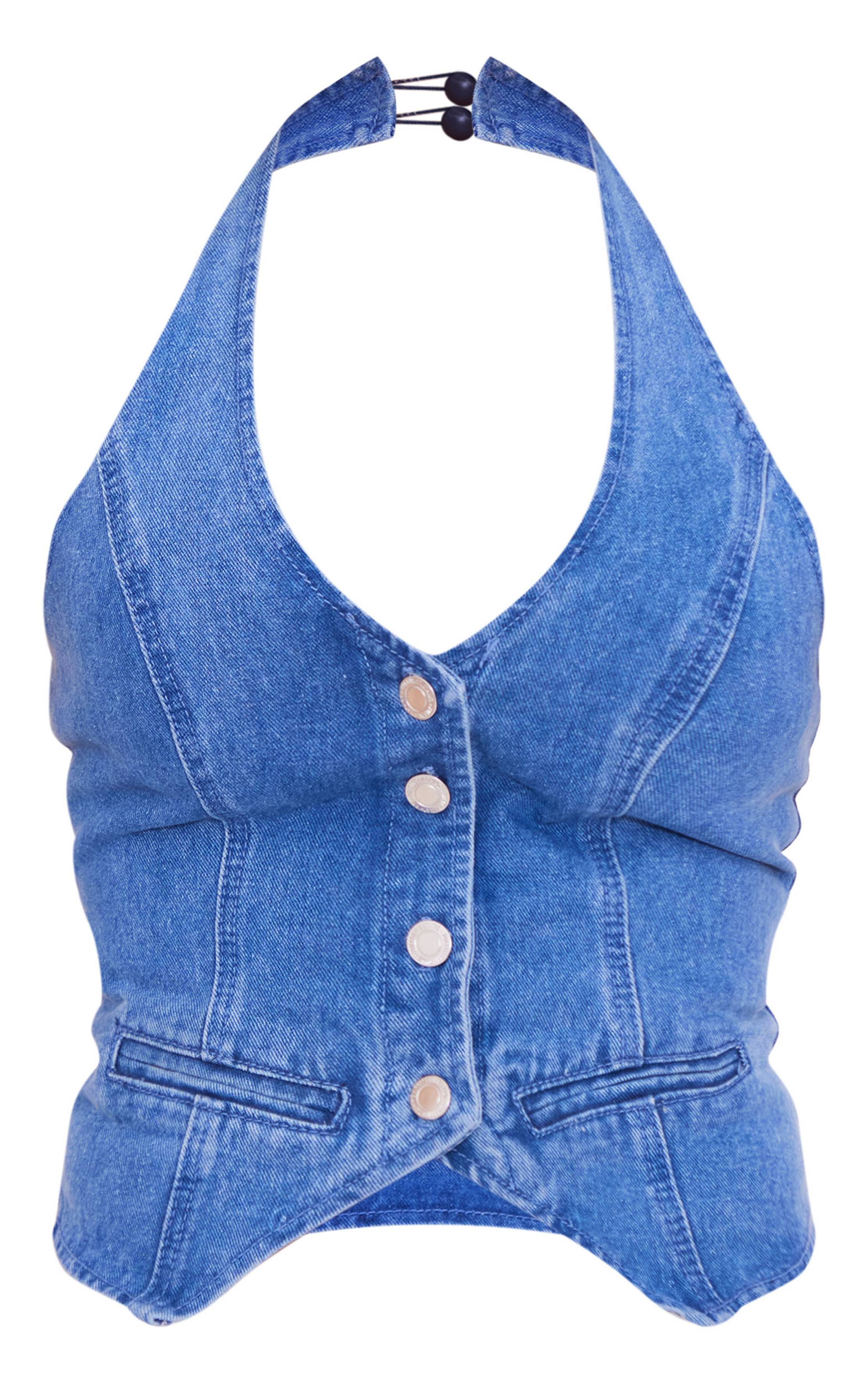 Mid Blue Wash Gilet En Jean À Encolure Américaine