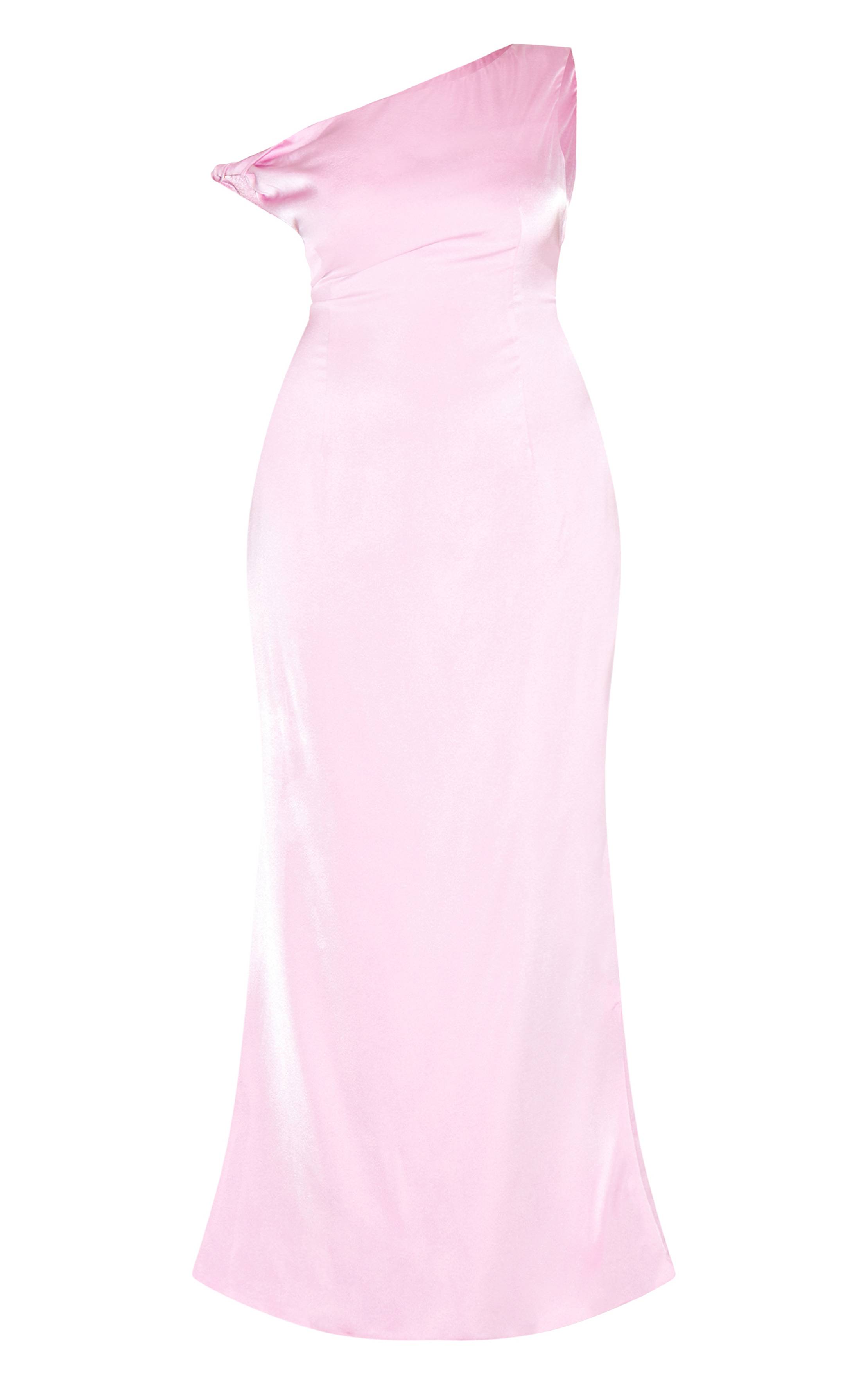 Rose Bonbon Robe Longue Grande Taille En Satin Asymétrique À Encolure Bardot Torsadée