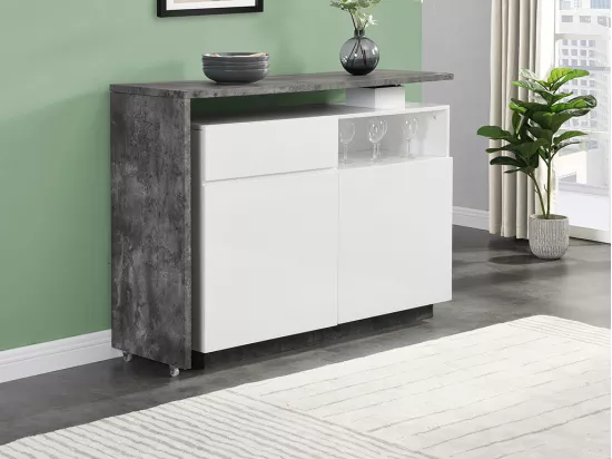 Meuble de bar pivotant avec 2 portes, 1 tiroir et 1 niche en MDF - Blanc laqué et Béton - ELDIR