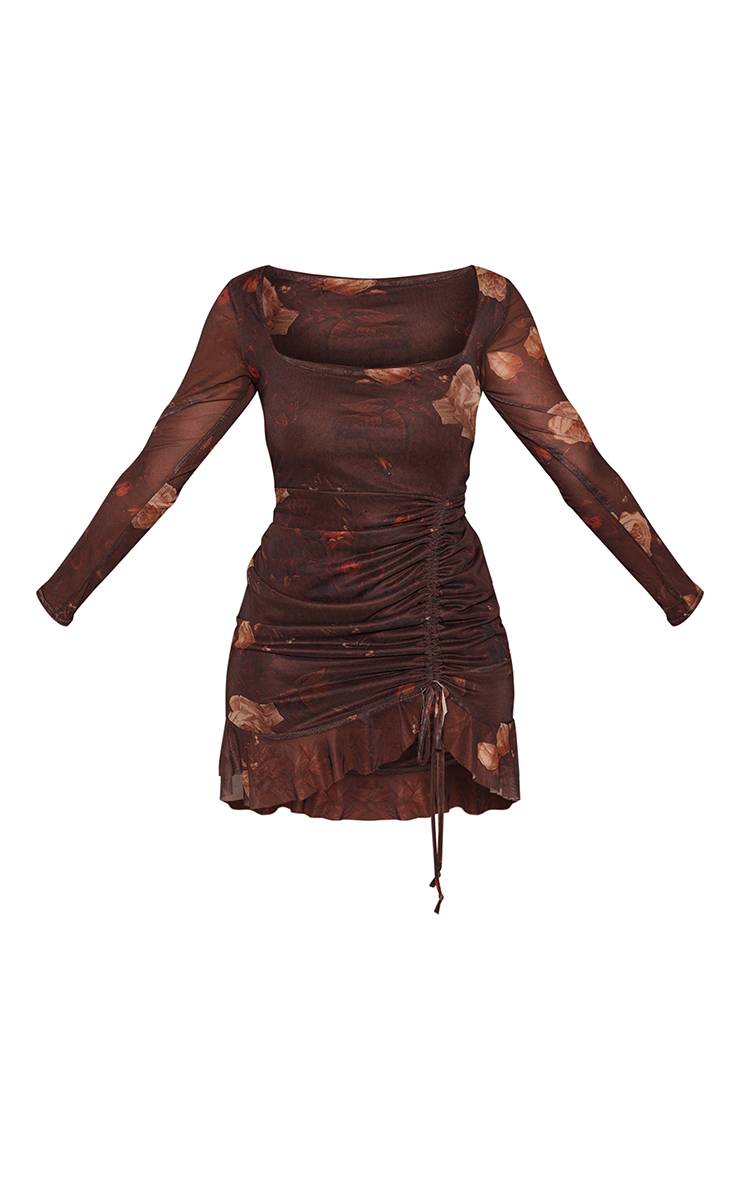 Multicolore Robe Moulante À Imprimé Floral En Mesh Avec Manches Longues, Fronces Latérales Et Ourlet À Volants