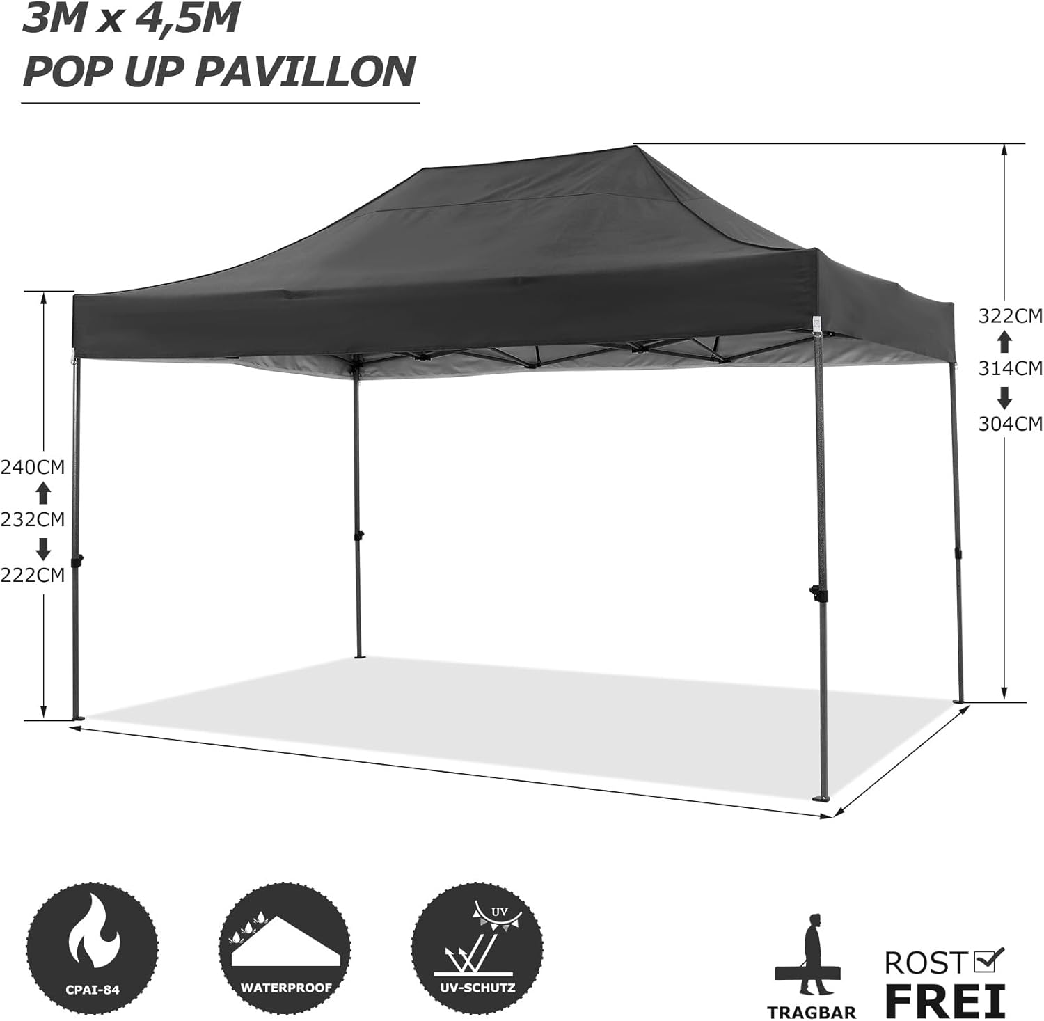 COBIZI Faltpavillon 3x4,5 Wasserdicht Stabil Winterfest mit Seitenwand,Pop Up Pavillon Partyzelt,Sonnenschutz Gartenpavillon,Pavillon Faltbar mit Handtasche(3 mal 4,5m Schwarz)