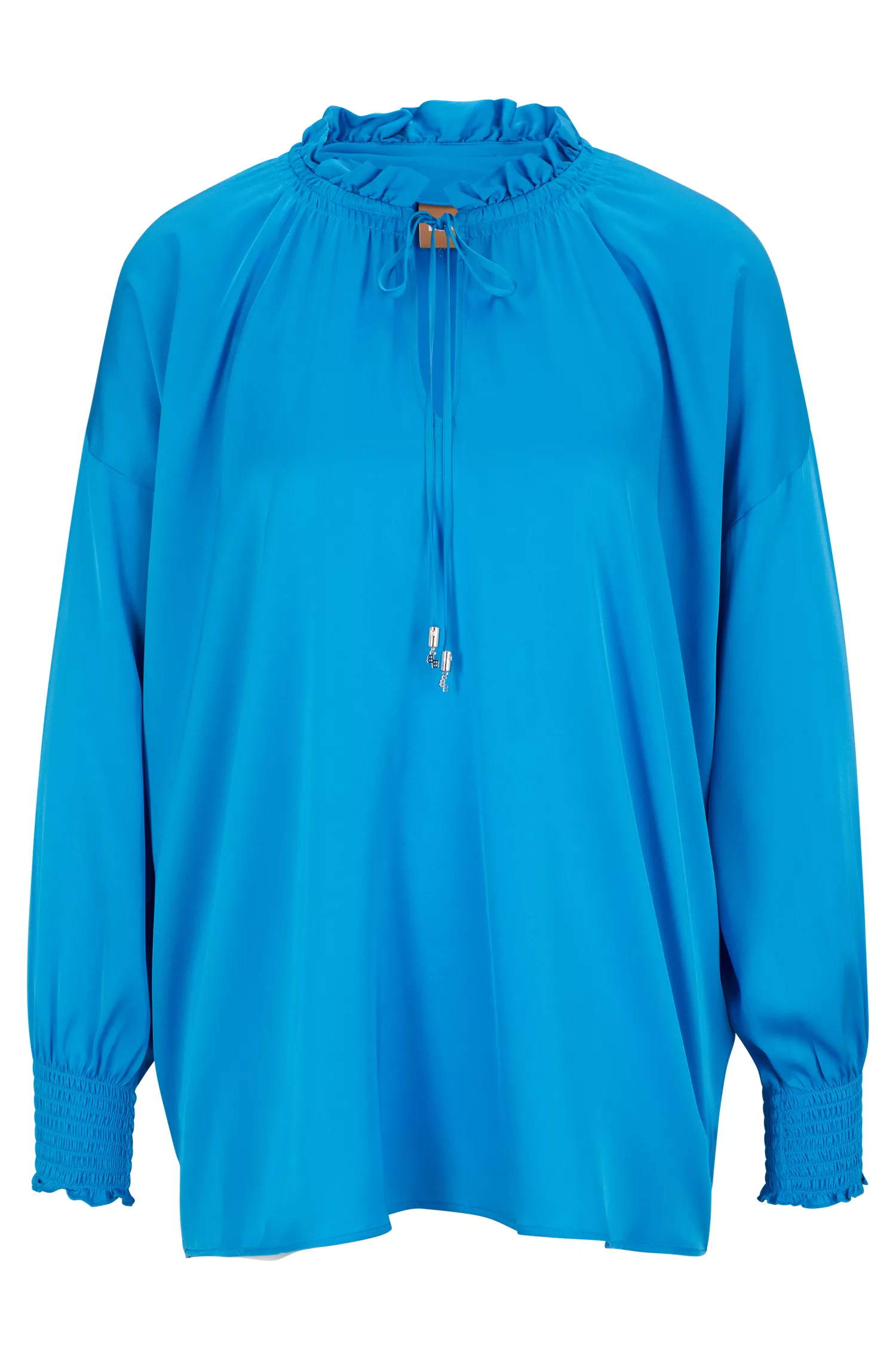 Blusa BOSS preta de modelagem relaxada em seda elástica com amarração frontal.