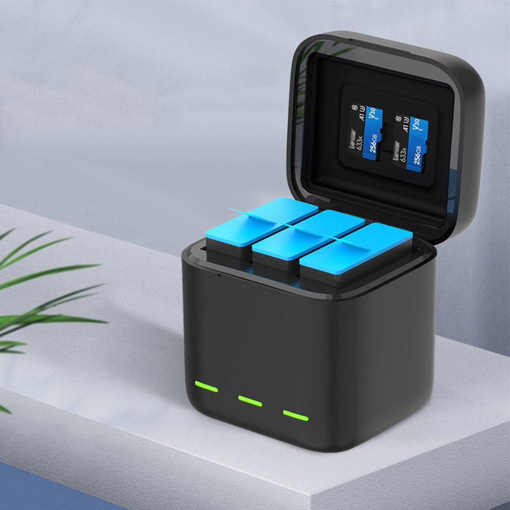 GoPro Hero 9 3-fach USB Akku Box Ladegerät   Micro SD Kartenfach - Schwarz
