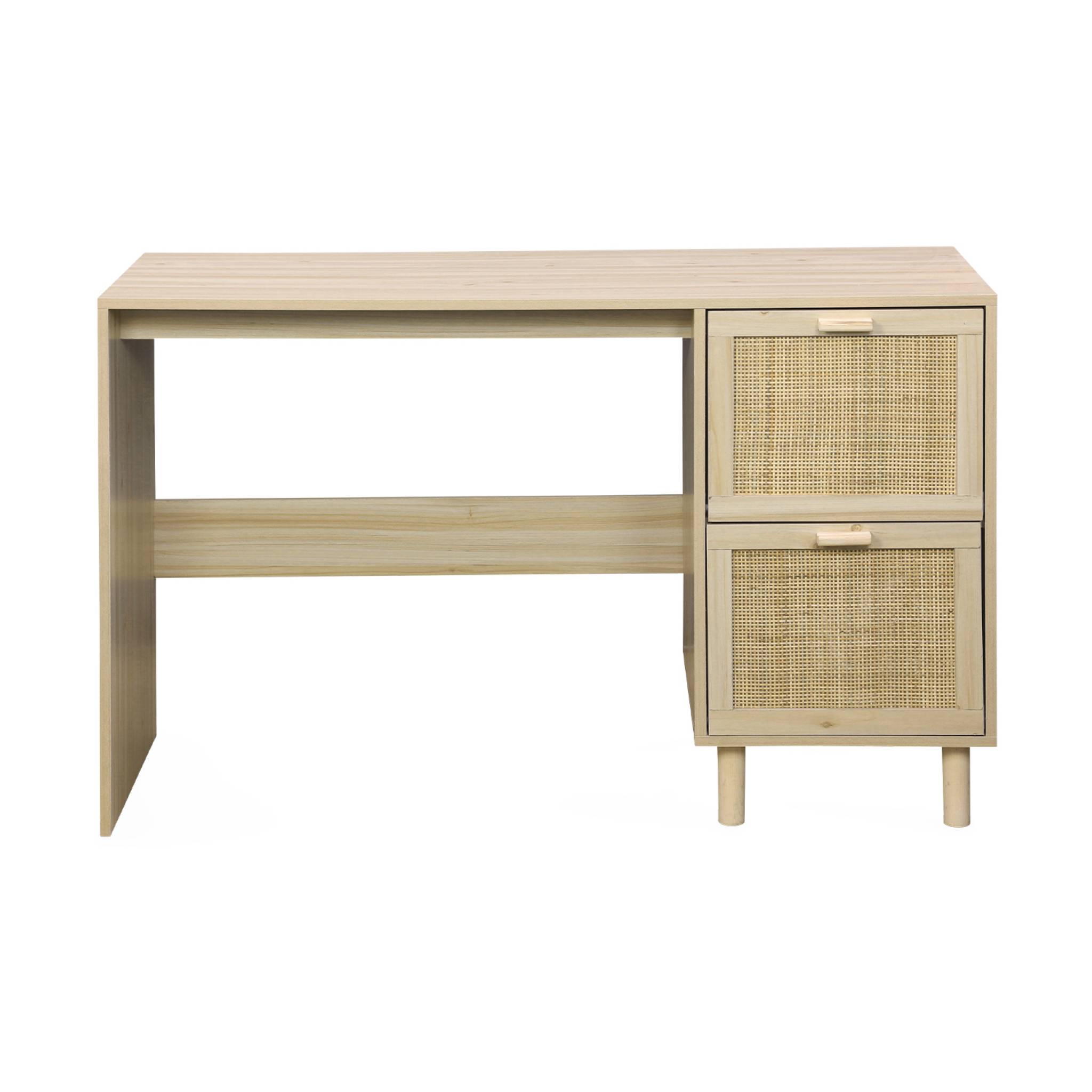 Bureau décor bois et cannage - camargue - 120cm. 2 tiroirs