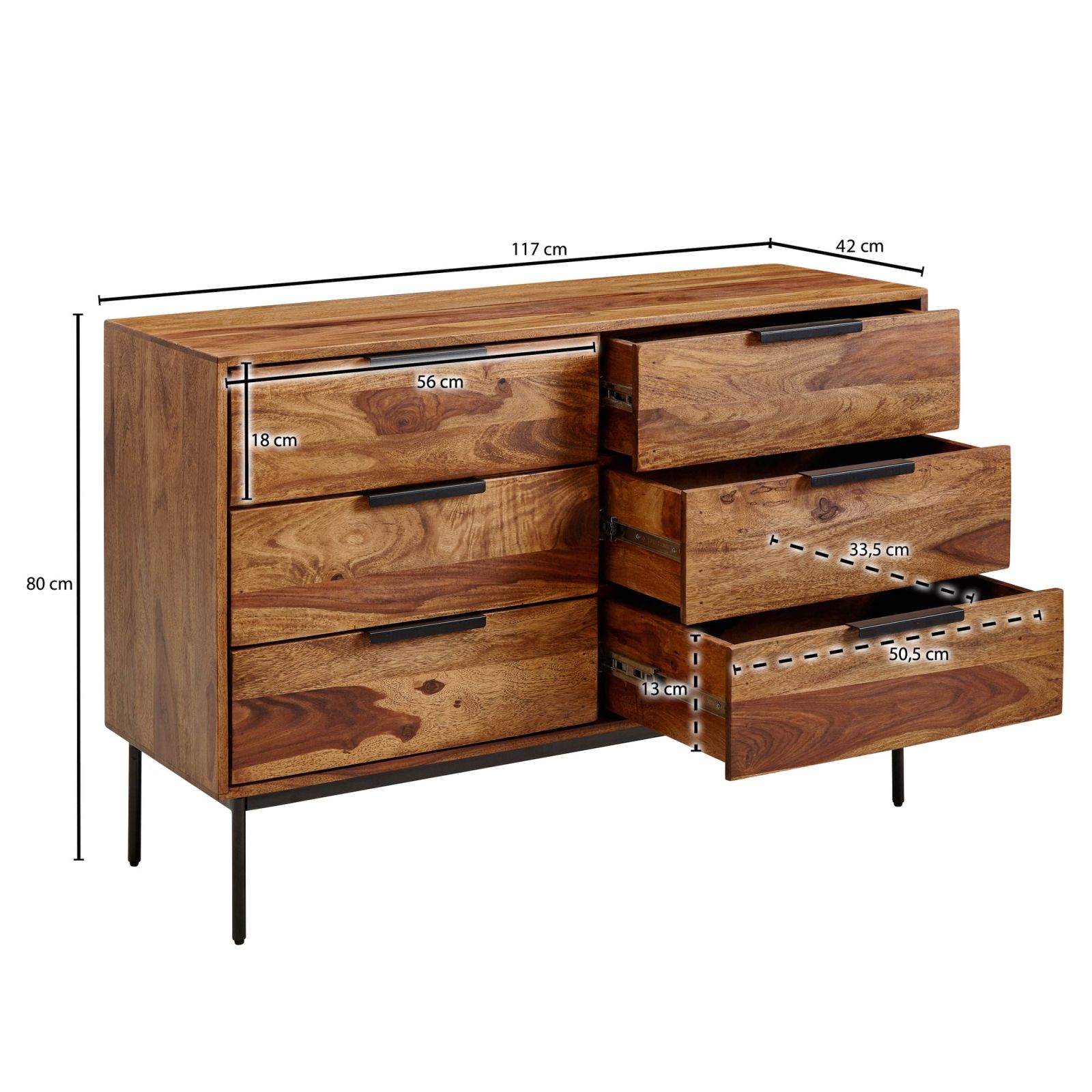 Kommode - Sheesham massiv - 6 Schubkästen - 117 cm breit