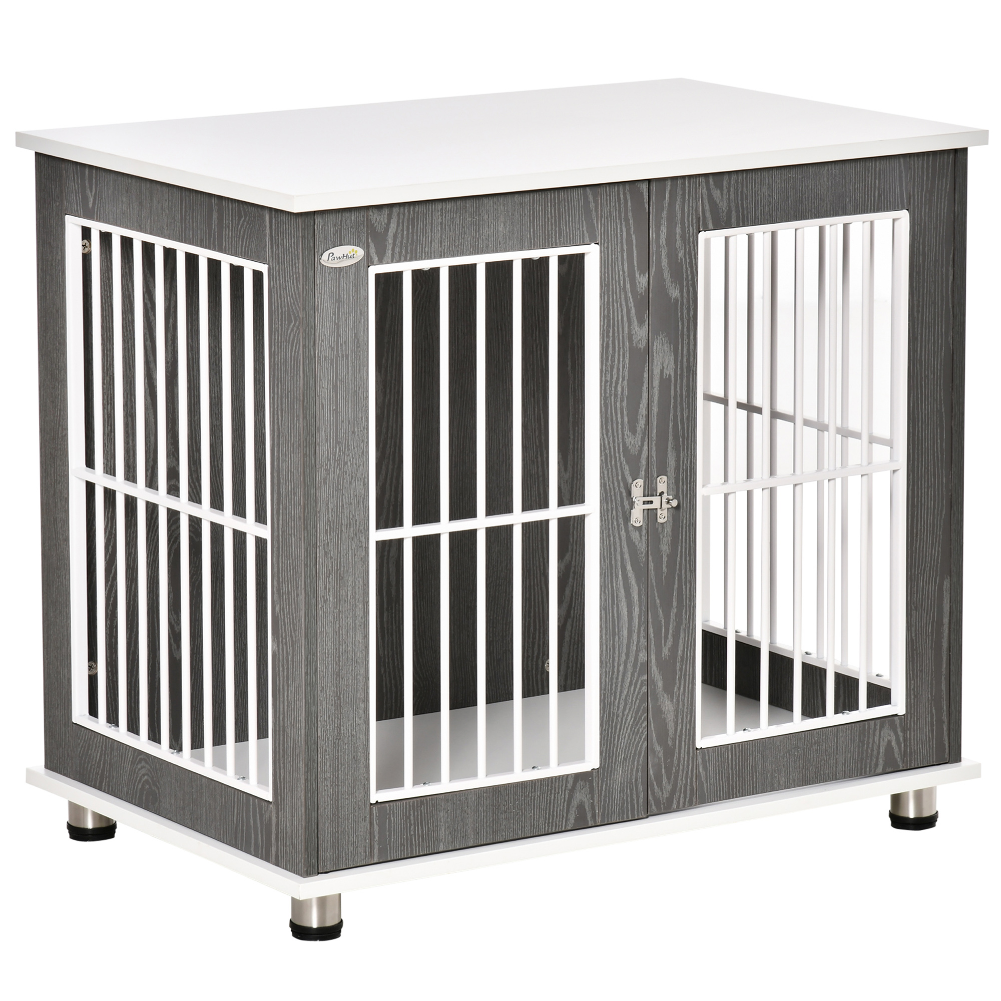 Mesa lateral para gaiola de cachorro PawHut em madeira, 85x55x75 cm, com prateleira de armazenamento, 2 portas com fechadura e grades de aço, móvel para canil interno, cinza.