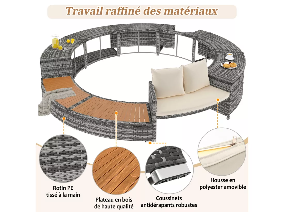 Salon de jardin avec un canapé rond, coussins beige et rangement, pieds réglables, pour piscine gonflable - 283x283x55cm