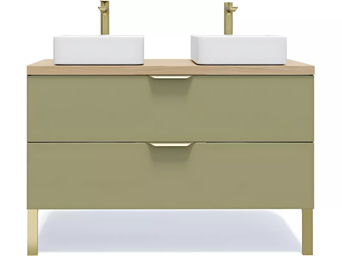 Meuble de salle de bain suspendu 2 vasques à poser 120cm 2 tiroirs Vert olive - Venice