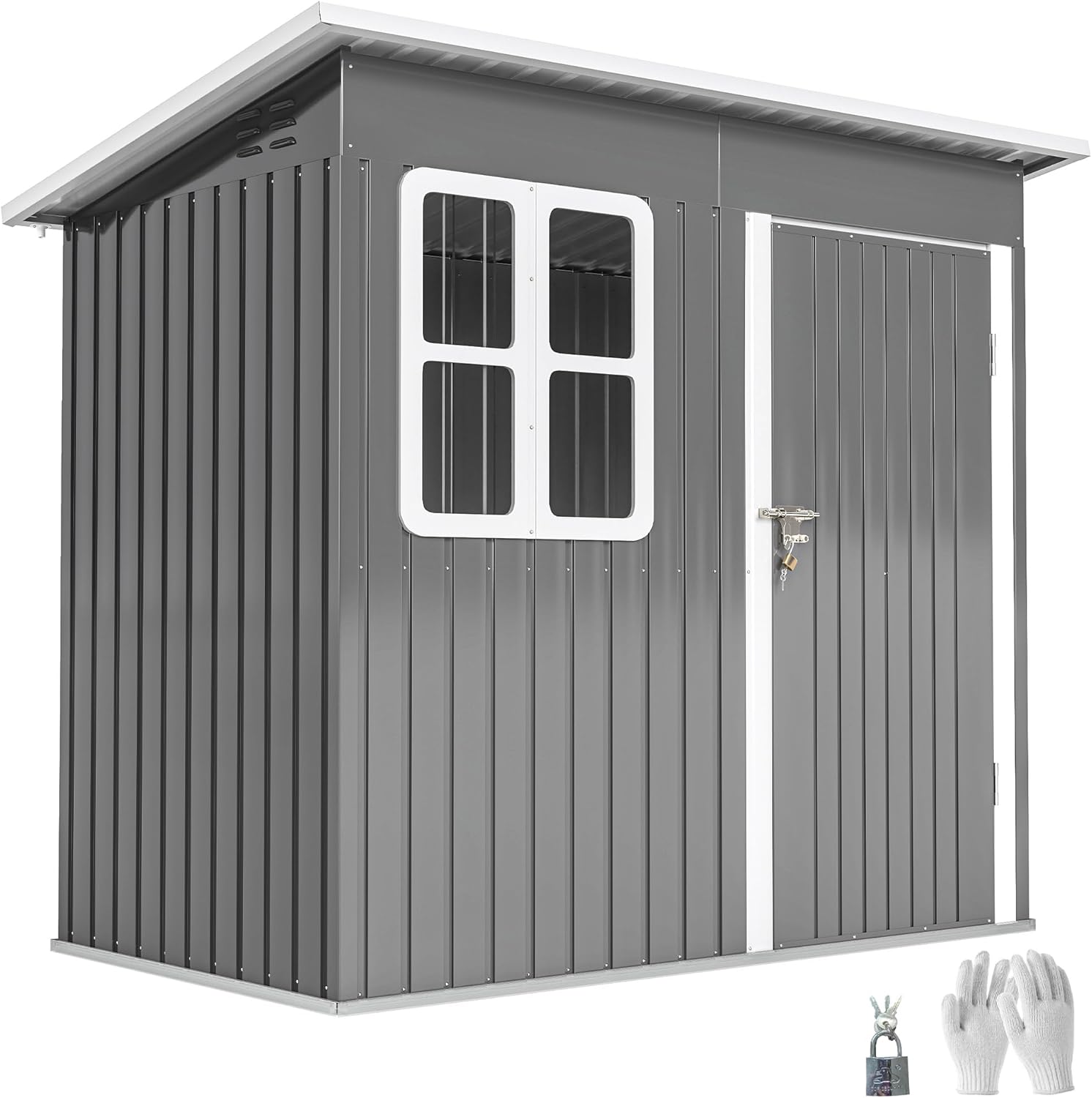 Outsunny Gerätehaus 2,55m², Gartenhaus mit Pultdach, 221 x 133 x 190/173 cm, Geräteschuppen mit Abschließbar Tür, Fenster, Fahrradgarage, Gartenschrank aus Stahl, für Hinterhof, Garten, Dunkelgrau