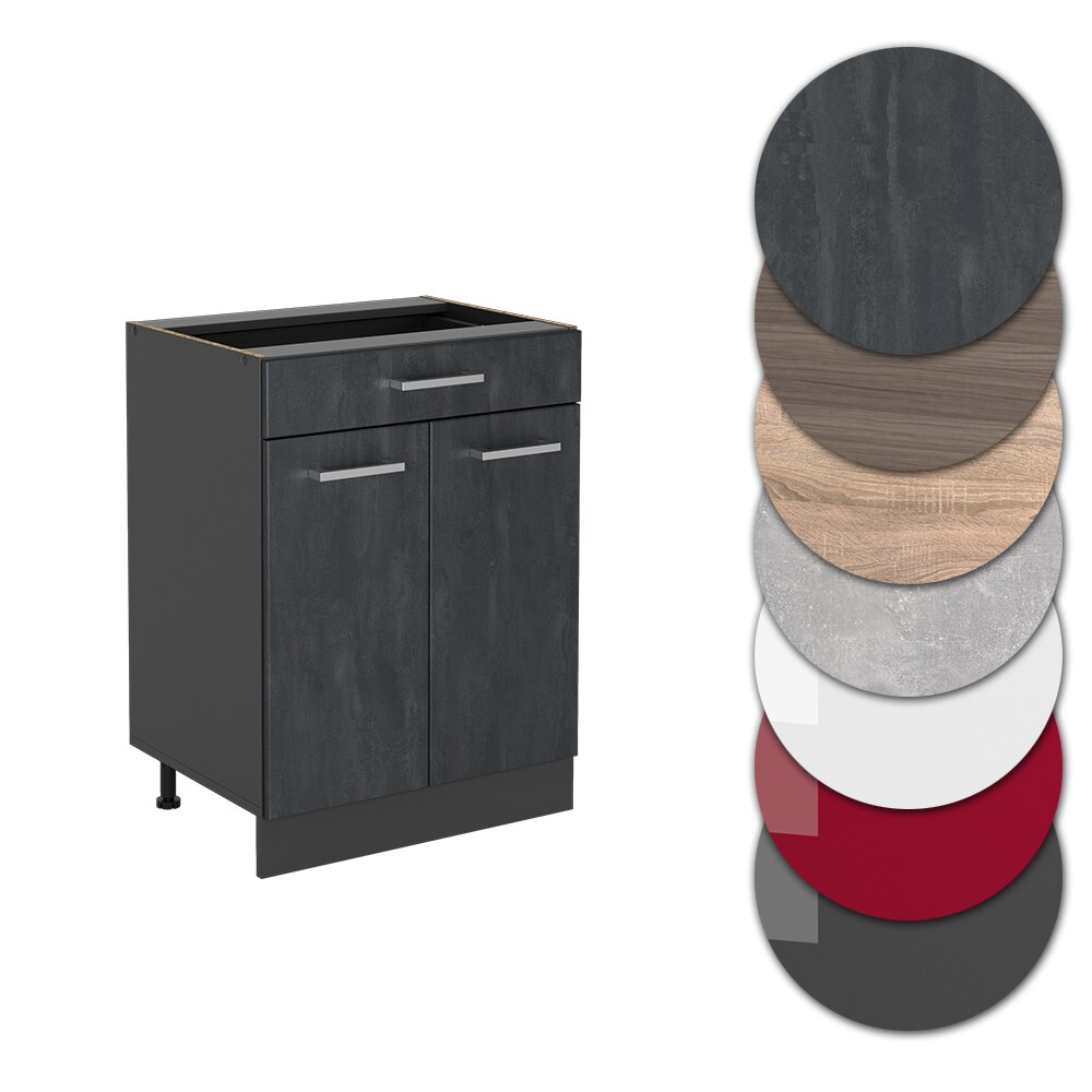 Vicco Schubunterschrank R-Line Schwarz Beton Anthrazit 60 cm mit Arbeitsplatte Anthrazit