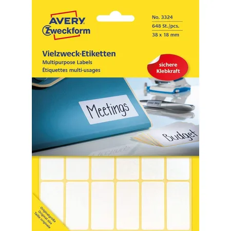 Avery Zweckform 3324 Vielzweck Etiketten 38 x 18 mm, 27 Bogen/648 Etiketten, weiß