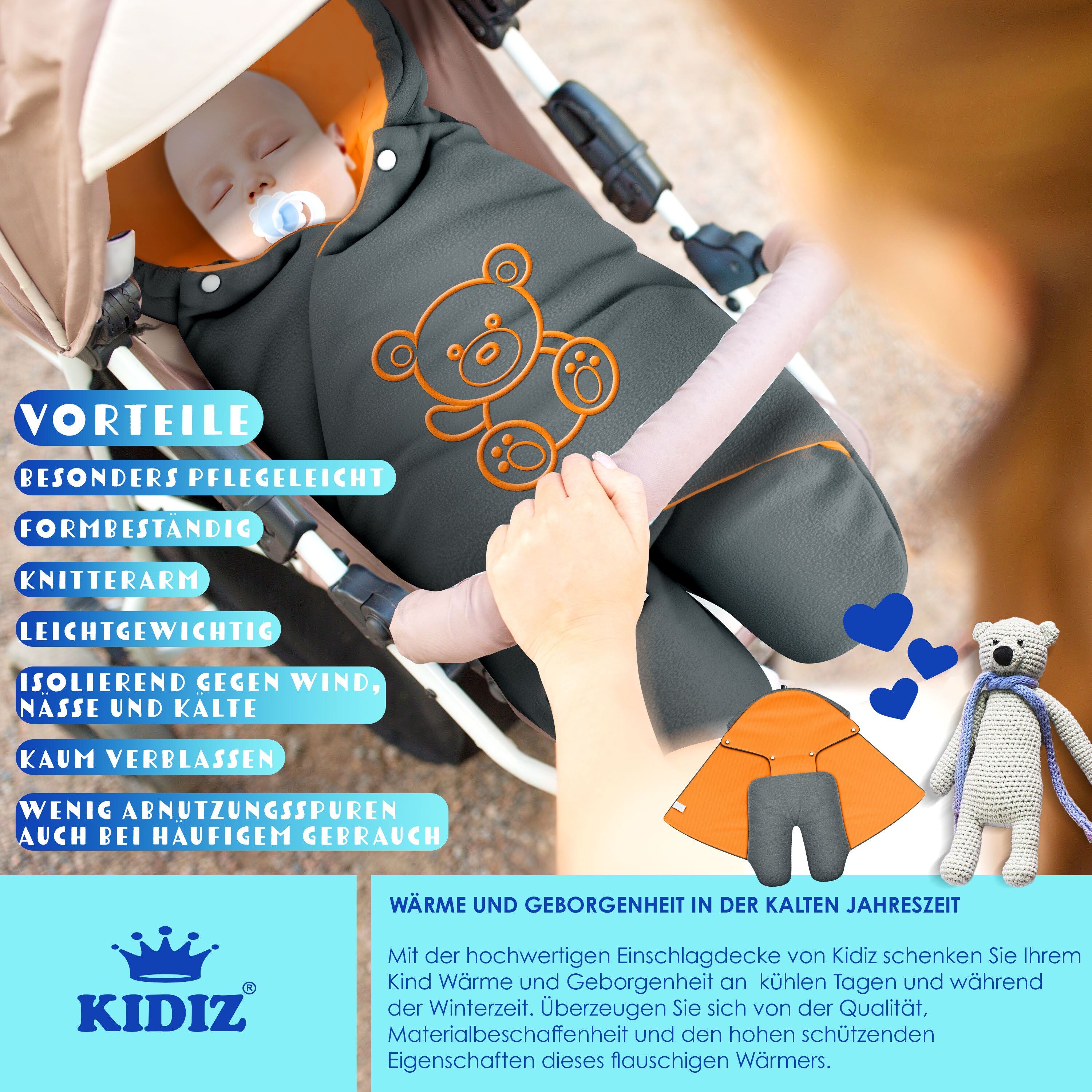 KIDIZ® Baby Einschlagdecke Winter mit Kapuze +Tasche Babyeinschlagdecke Universal für Babyschale, Autositz, z.B. für Maxi-Cosi, Römer für Buggy Babybett Kinderwagen & alle Gurtsysteme 3 & 5-Punkt Gurt