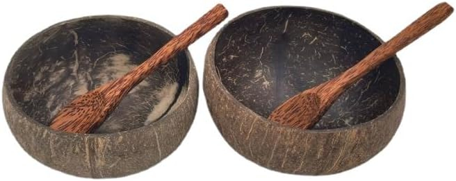 (2er Set) Ø14cm Kokosnuss Schalen Kokosholz Schälchen mit Löffel für Dessert / Bowl / Eiscréme - Braun