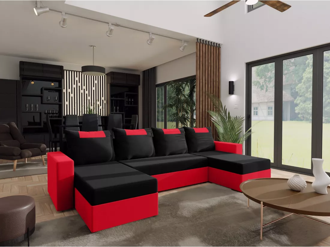 CANAPÉ PANORAMIQUE avec fonction de couchage Susanne jusqu’à 8 places, Noir+Rouge
