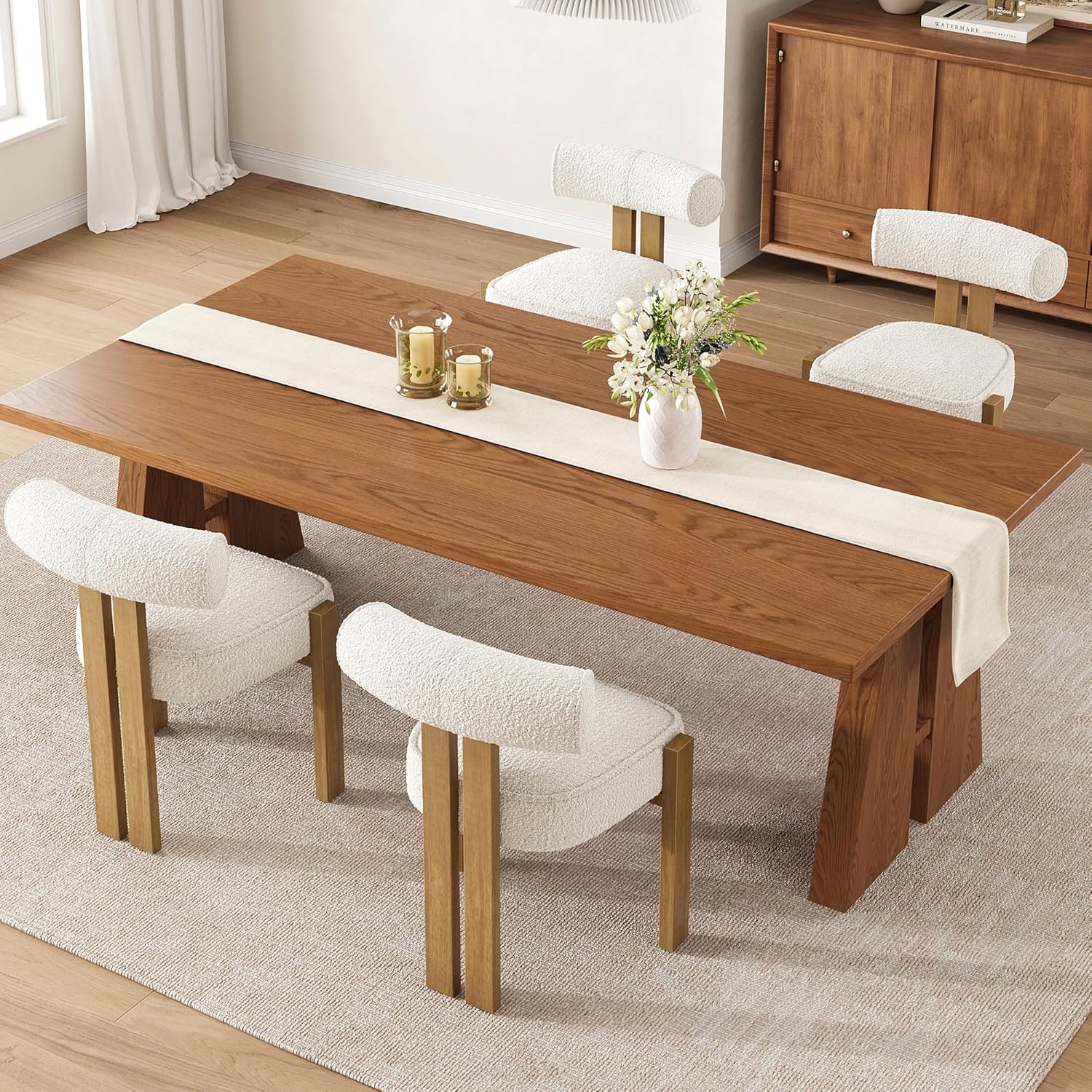 4Er Set Bouclé Esszimmerstühle, Gepolsterte Küchen- Und Esszimmerstühle Mit Weichem Teddy-Stoffbezug, Holzbeine, Armlose Polsterstühle Für Esszimmer & Wohnzimmer
