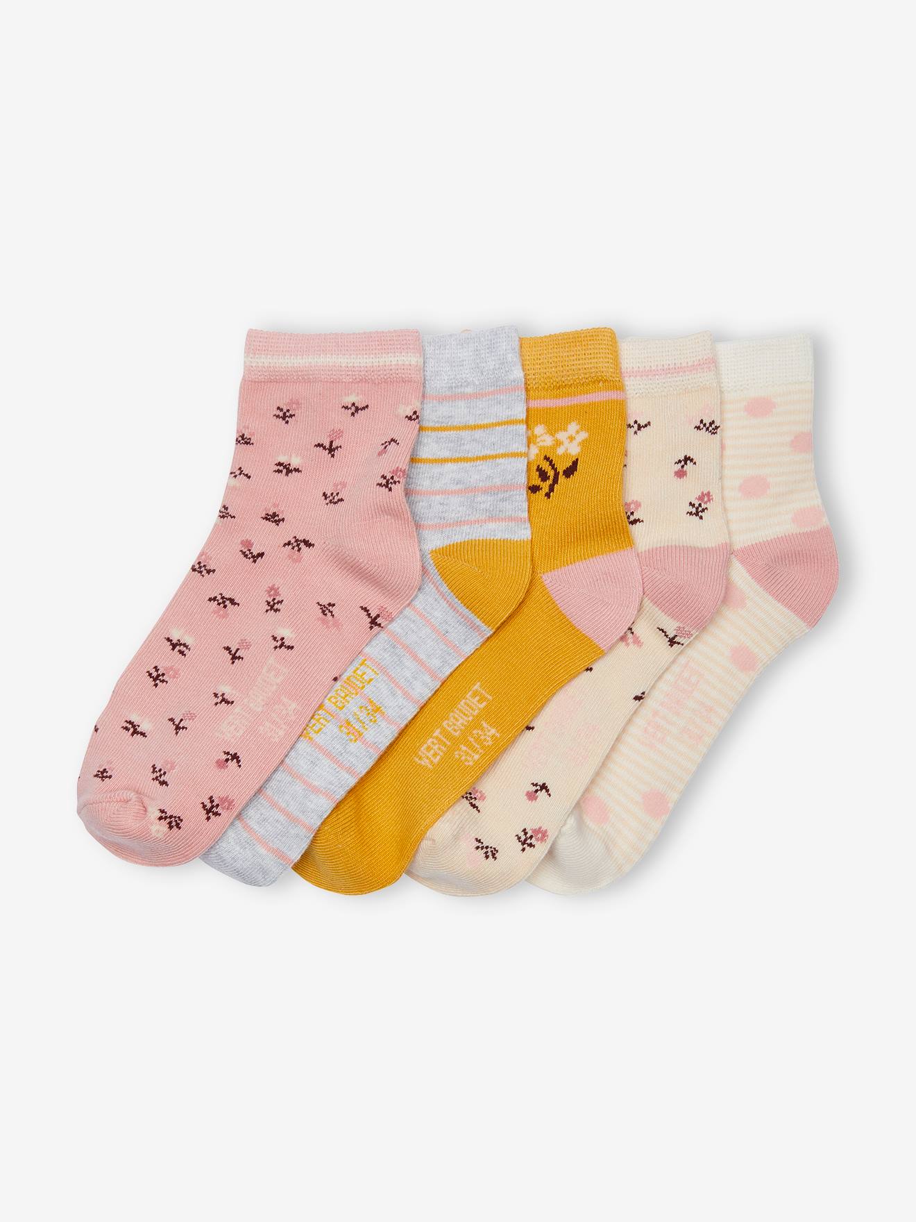 Pacote com 5 pares de meias florais tamanho médio para meninas, rosa antigo
