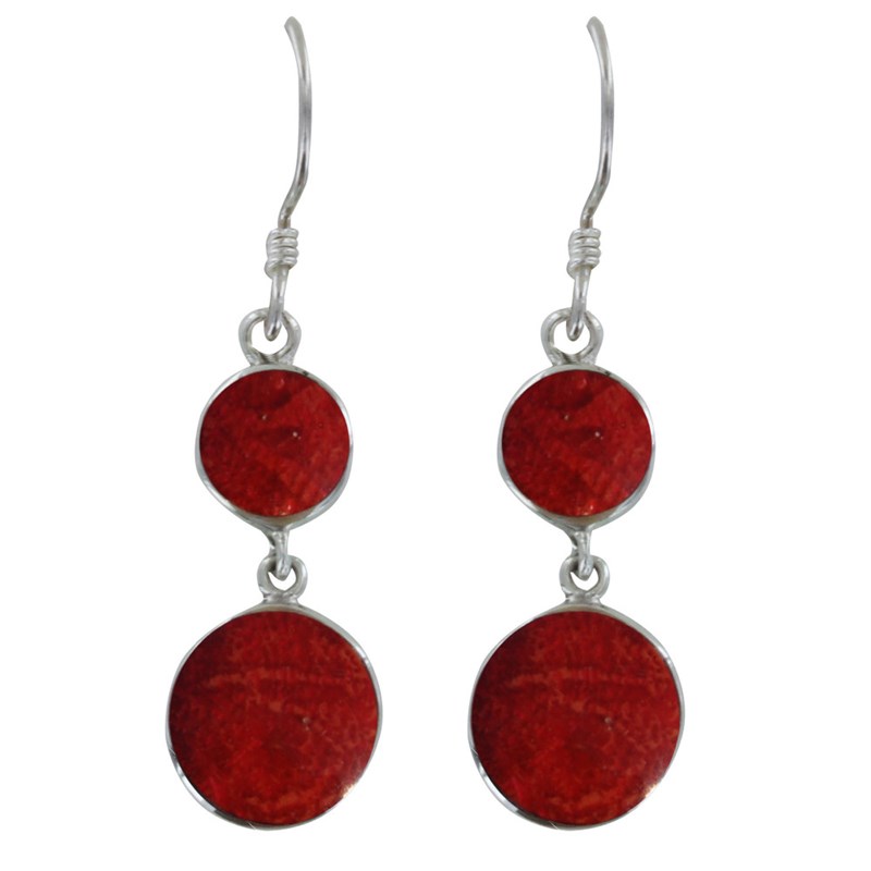 Boucles d'Oreilles Argent et Deux Pastilles Couleur Corail