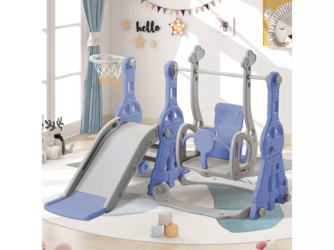 Toboggan 4 en 1 avec balançoire et support de basket-ball pour enfants, échelle d'escalade, pour intérieure et extérieure, bleu
