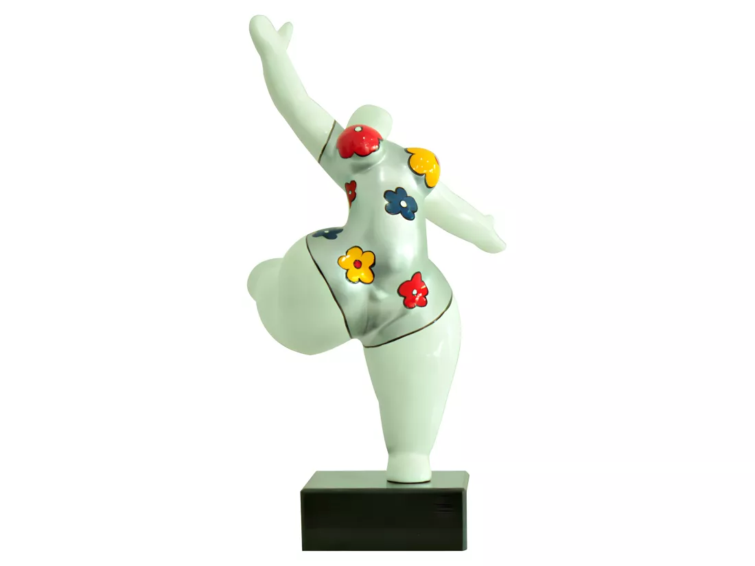 Statue femme jambe levée fleurs bleu jaune rouge H33 cm - LADY FLOWER