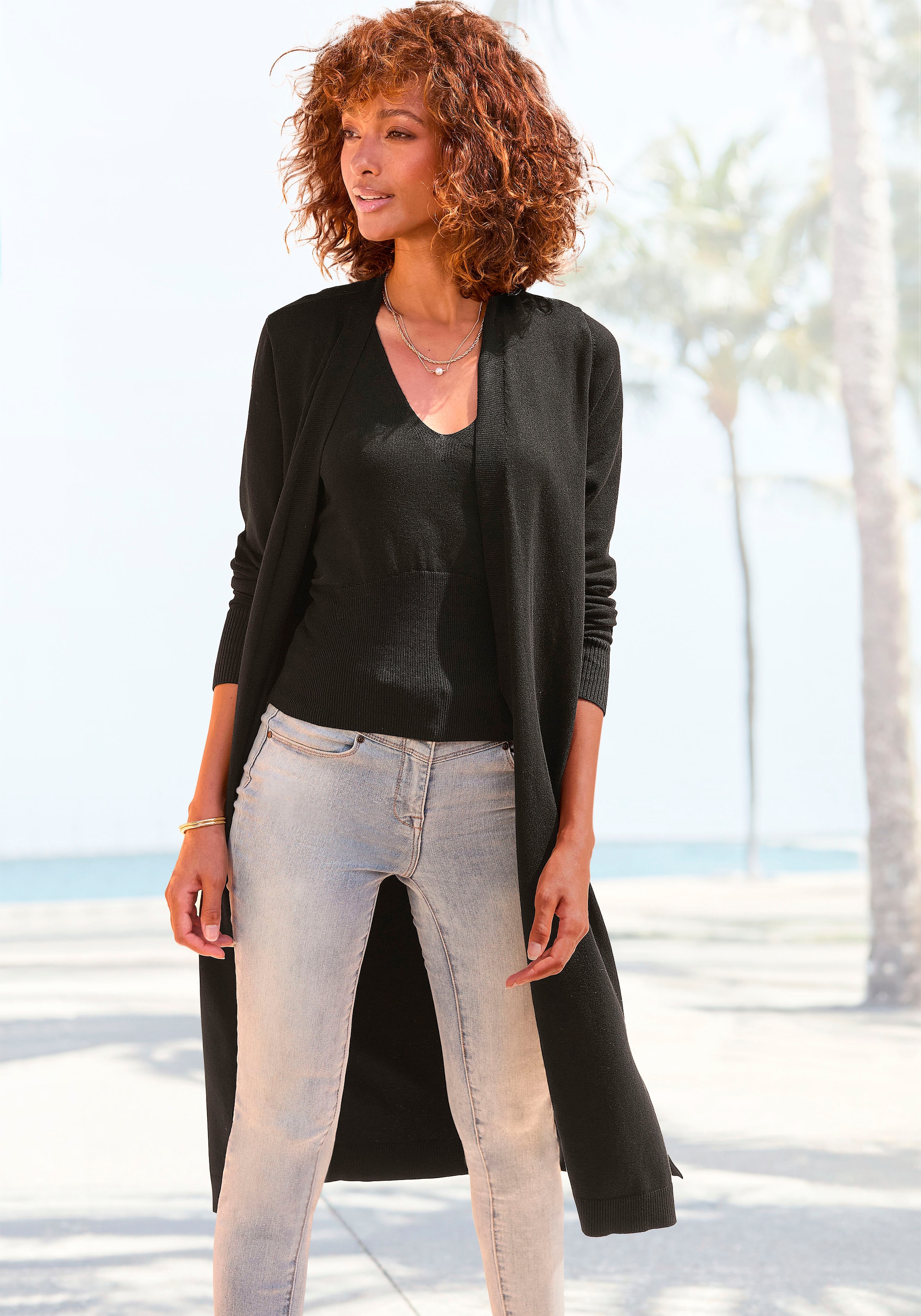LASCANA Cardigan , mit seitlichen Schlitzen, Longstrickjacke aus weichem Rippstrick