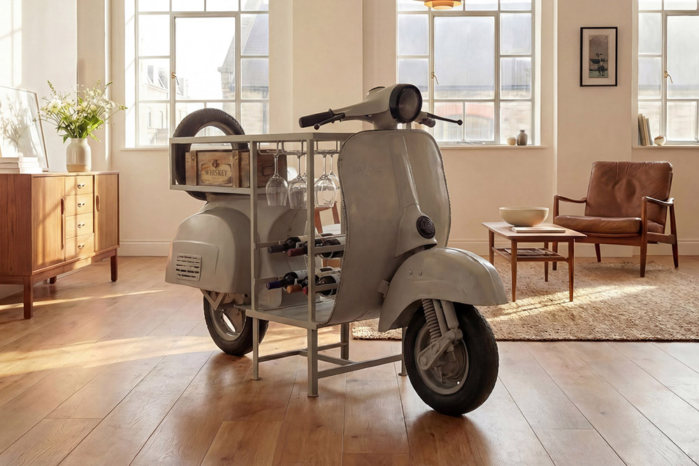 Extravaganter Bartisch SCOOTER 180cm salbei Retro-Konsole Motorroller Mangoholz Upcycling