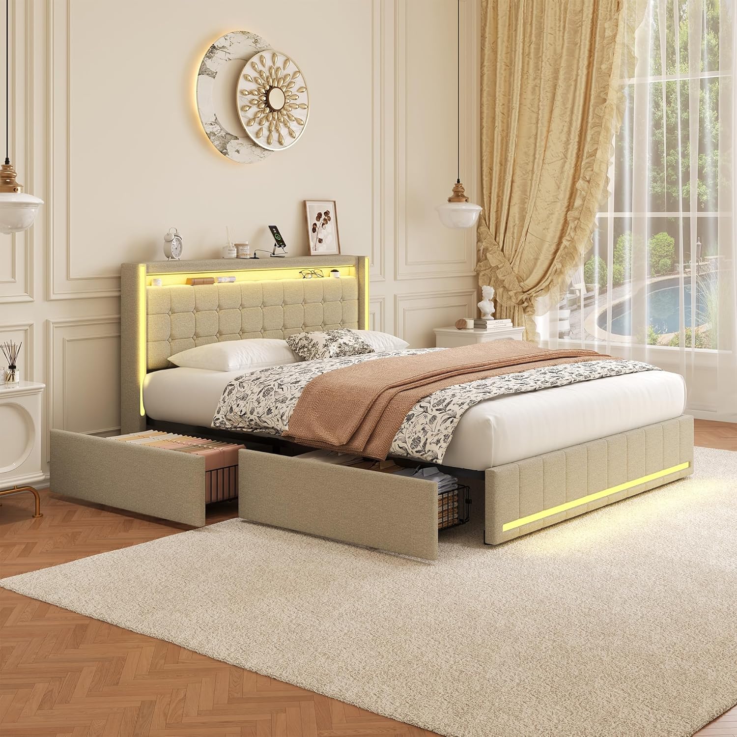 Polsterbett 180x200 cm mit LED-Kopfteil, USB-Ladefunktion und Lattenrost, 4 praktischen Schubladen und stilvollem Design, Ideal für Jugendzimmer und Moderne Räume,Ohne Matratze