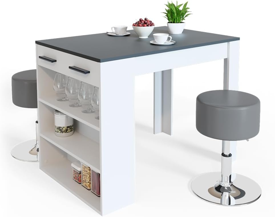 Vicco Esstisch-Set Repose, Bartresen und Hocker, Anthrazit/Weiß, 67 x 100 cm mit 2 Hockern