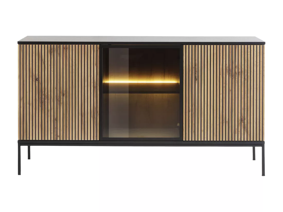 Buffet 3 portes avec LEDs en MDF et verre fumé - Noir et Naturel - OVILA