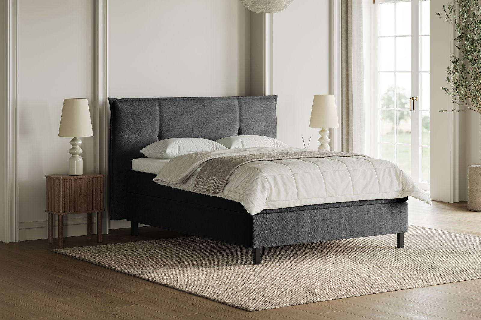 XOV Premium 15 Kontinentalseng 180x200 cm i tekstil Terranova 09 grå, fast/fast med Premium 15 overmadrass og sort firkantede ben, gavl selges separate