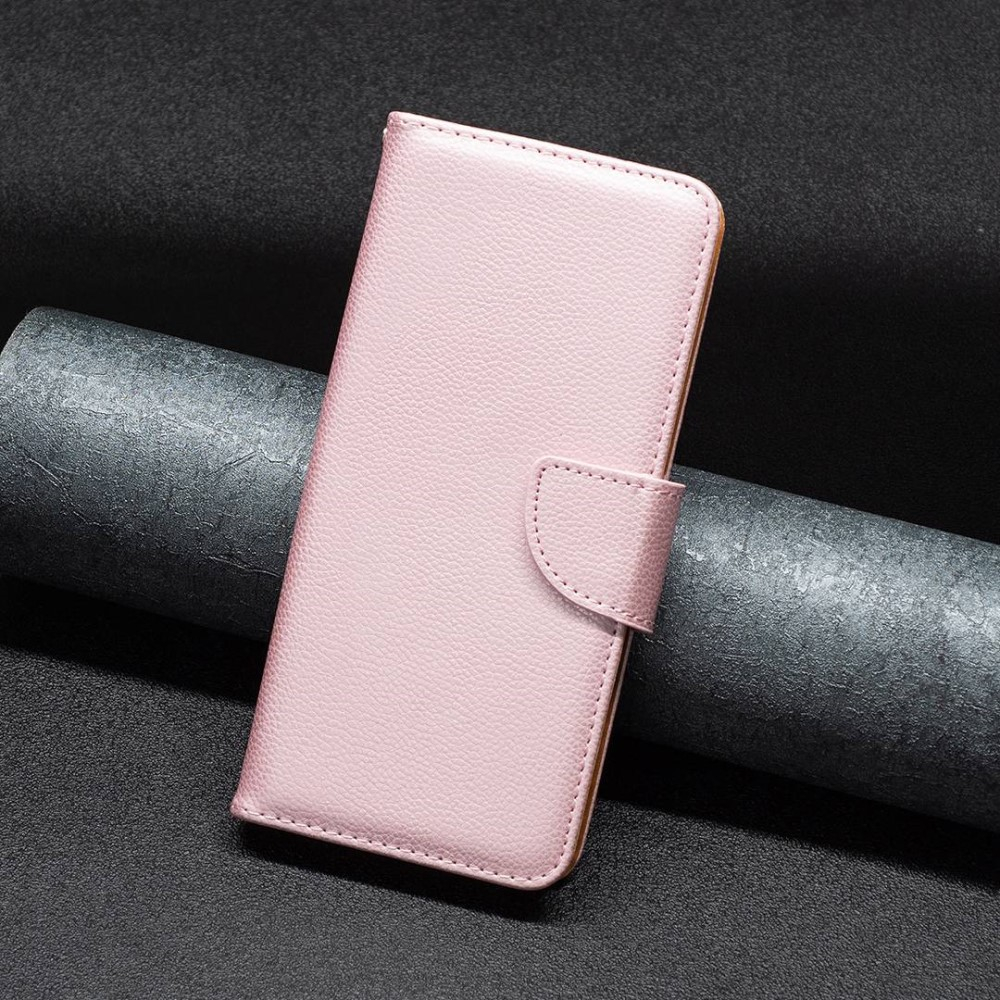 iPhone 14 Pro Leder Tasche Flip Cover im Litchi Look mit Kartenfach   Handschlaufe - Roségold