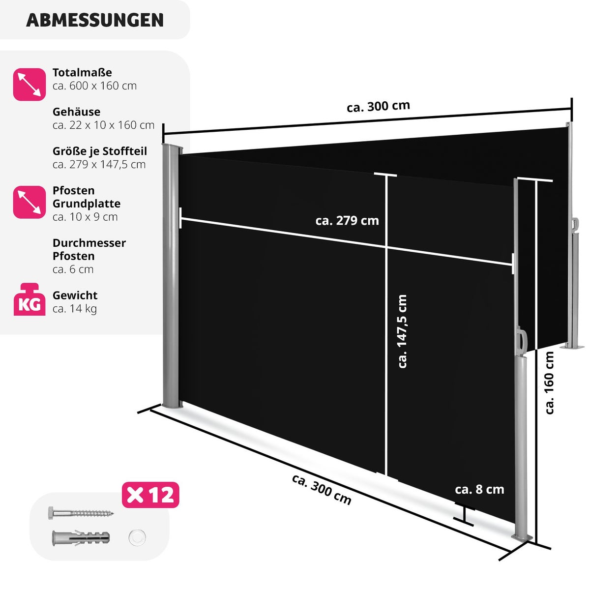 Dubbele zijluifel tectake van aluminium 160 x 600 cm