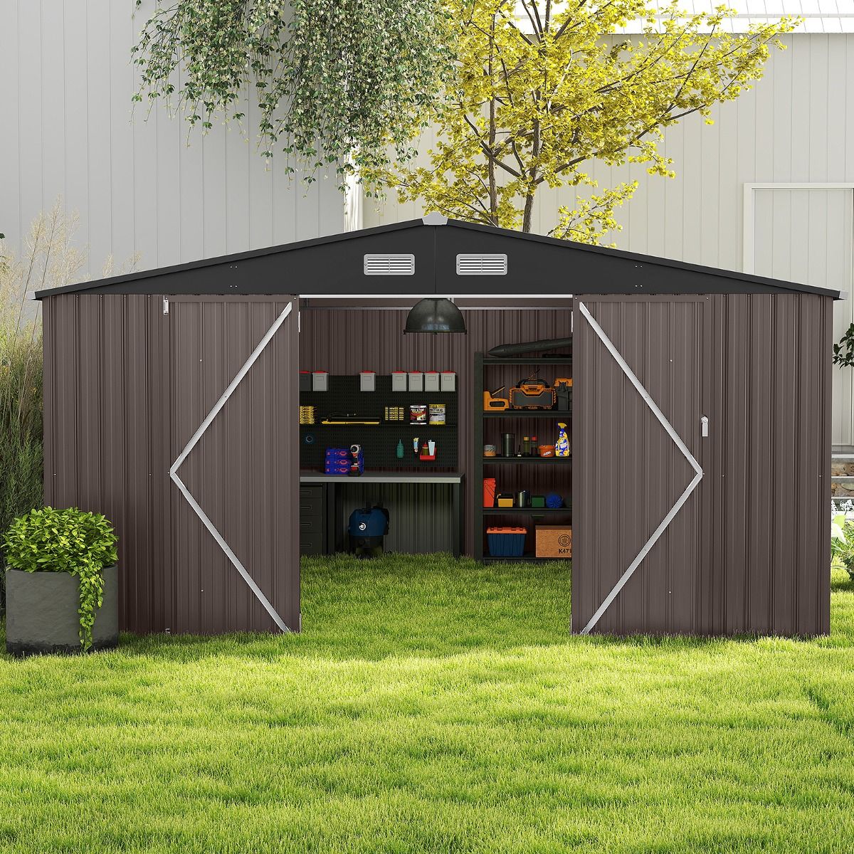 Abri de Stockage Extérieur Grand Hangar à Outils avec Design de Toit Incliné Portes Fermables avec Clés 4 Aérations 350x350x198cm Gris - Lidl-Manfred
