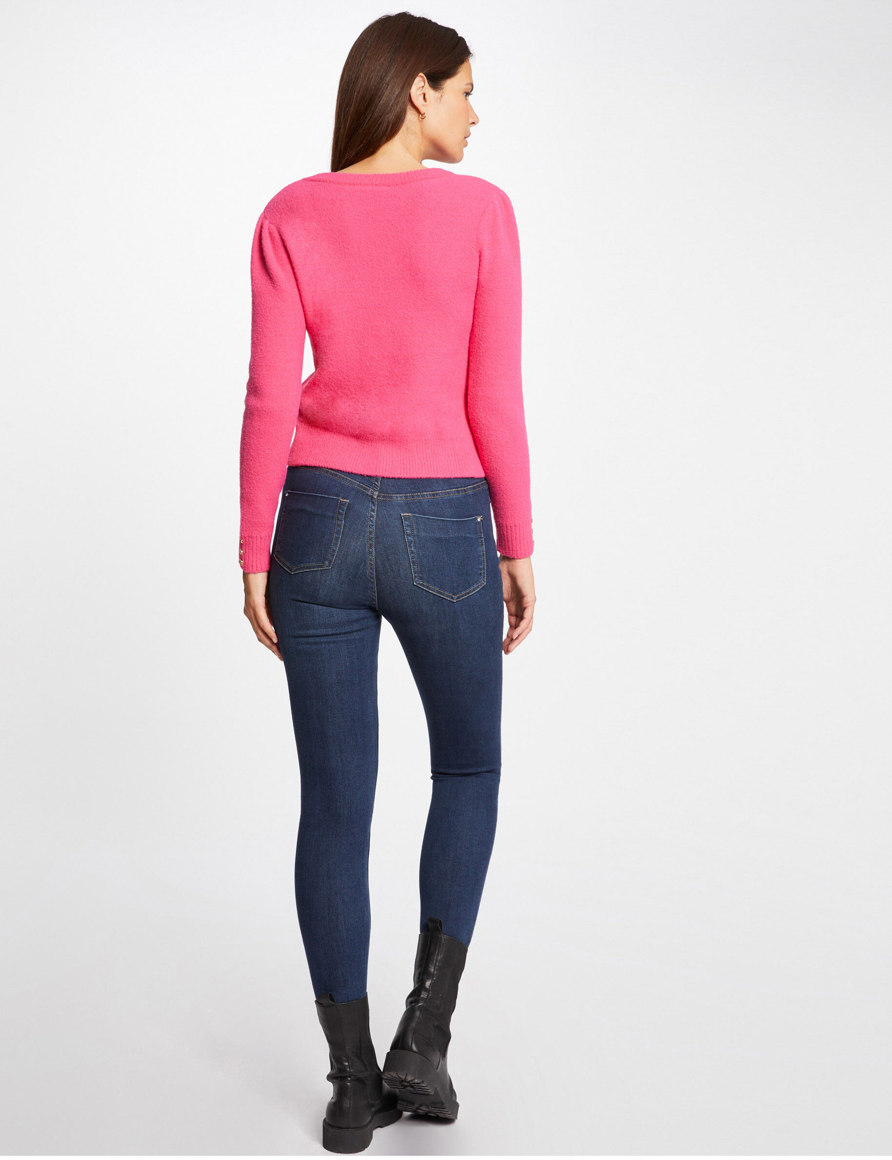 Pull manches longues avec col en V fuchsia femme - fuchsia