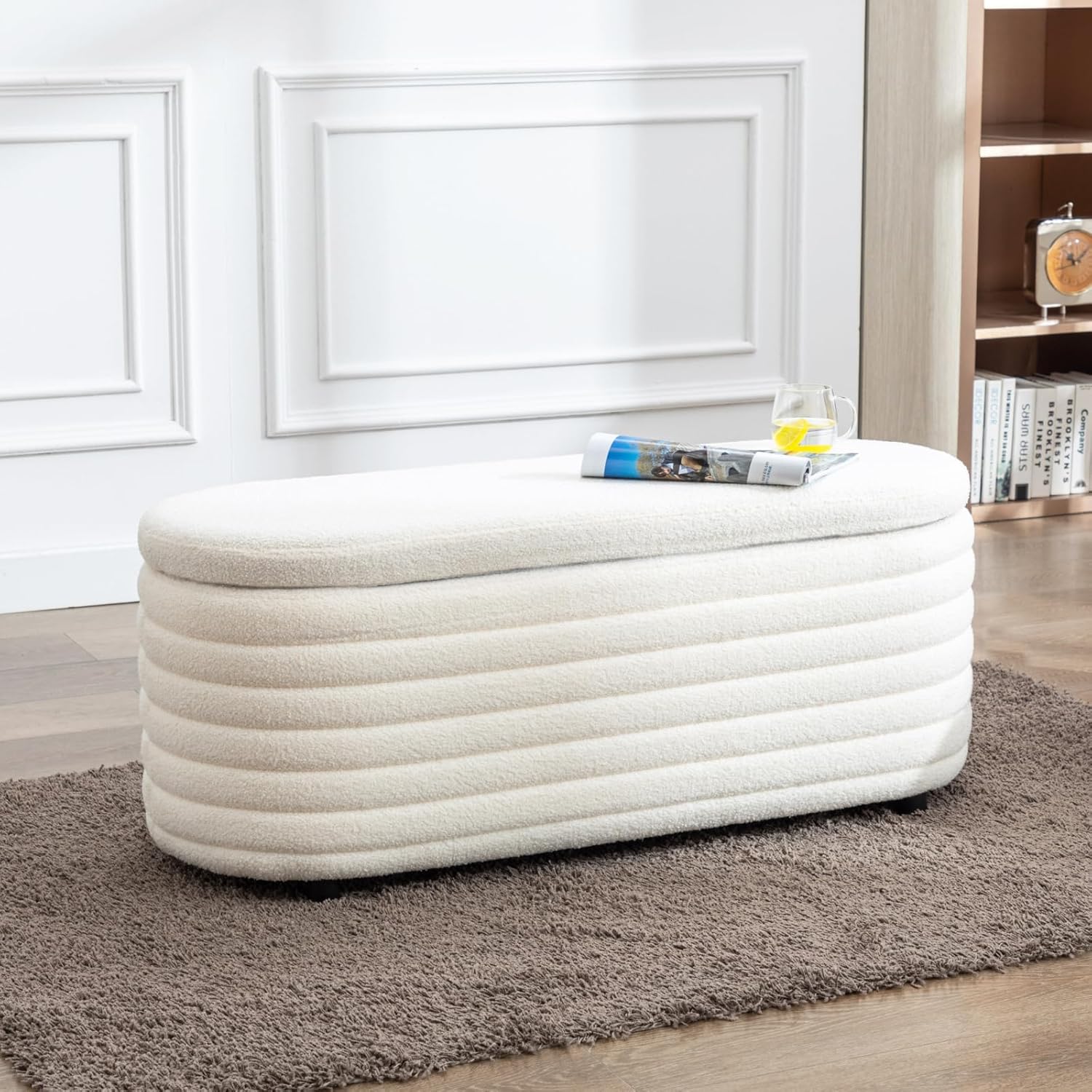 Sitzbank mit Stauraum, Moderne Sitztruhe aus Teddystoff Polsterbank Aufbewahrungsbox für Schlafzimmer, Flur oder Wohnzimmer, Weiß