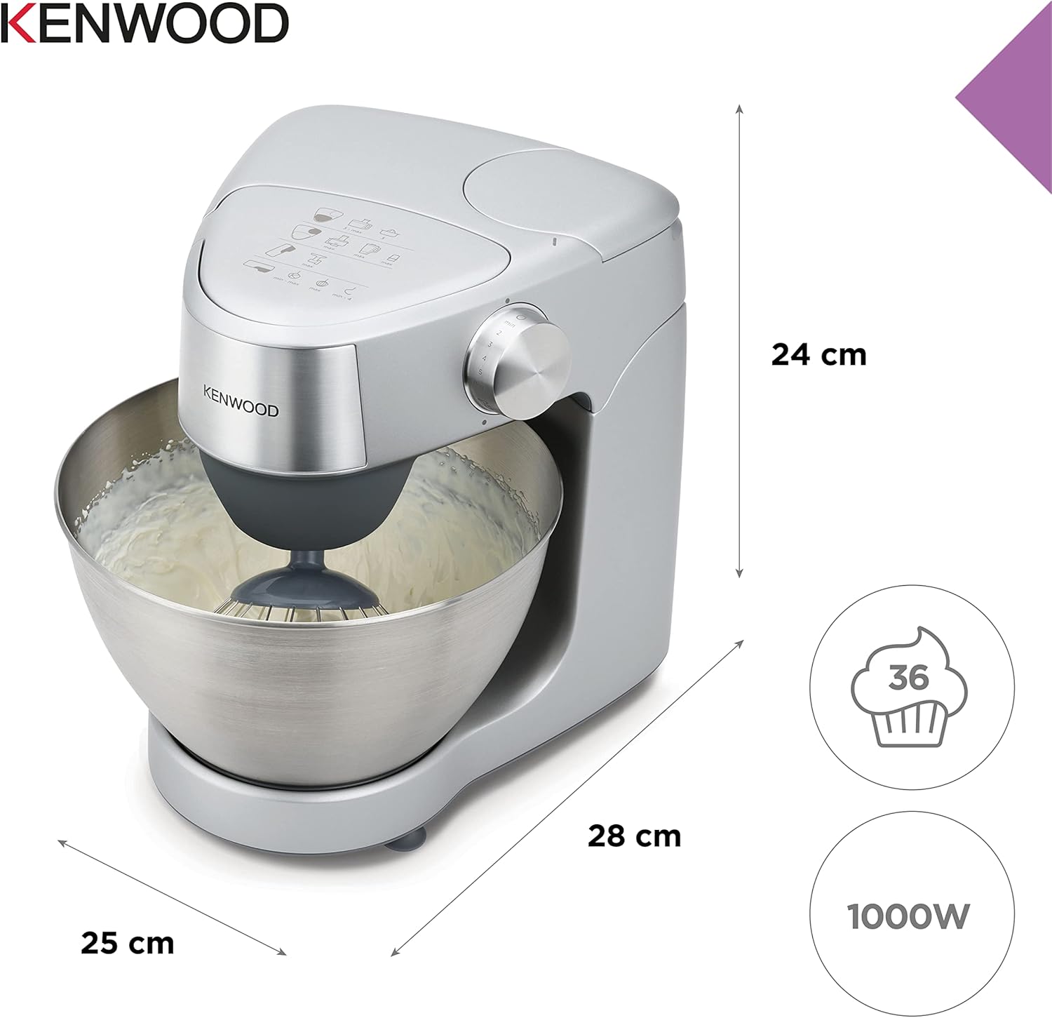 Kenwood Küchenmaschine Prospero+ KHC29.A0SI mit 4,3 L Edelstahlschüssel, inkl. Schneebesen, K-Teigbesen, Knethaken & Spritzschutz, Speisen für bis zu 6 Personen, 1000 W, kompaktes Design, Silber