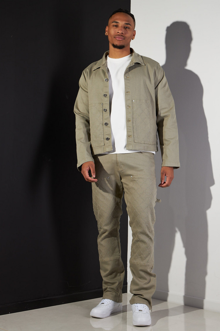 Ensemble 2 pièces veste + jean kaki à motif losange