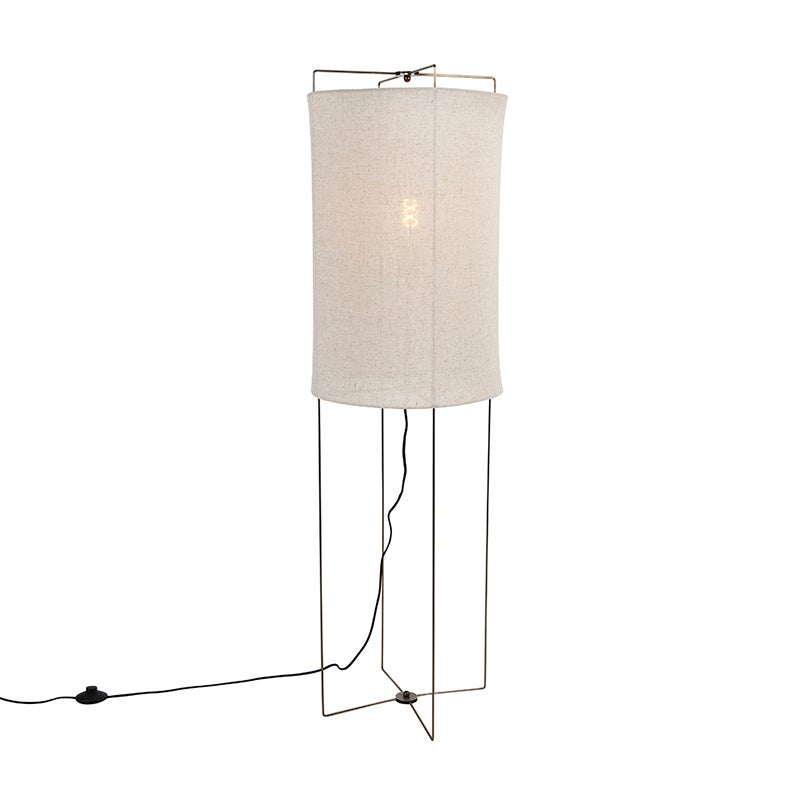 QAZQA - Design vloerlamp | Staande lamp | Vloerlamp | Lamp | Licht, staal | mat nikkel met beige linnen kap - Rich | Woonkamer | Slaapkamer - Linnen, Langwerpig | Cilinder - LED-compatibel