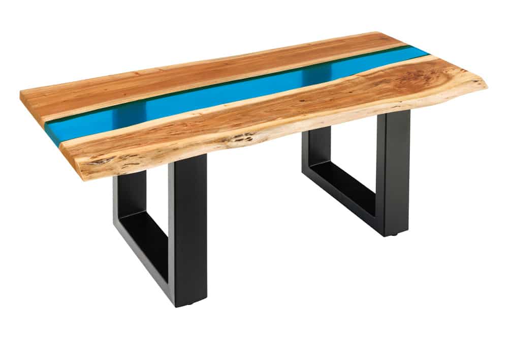 Massiver Couchtisch LIQUID 110cm braun Akazienholz Baumkante schwarz Eisen blau