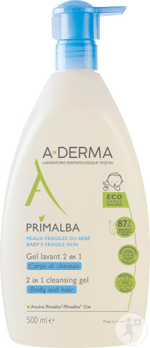 A-Derma Baby Primalba Gel Lavant 2 En 1 Corps Et Cheveux Flacon-Pompe 500ml