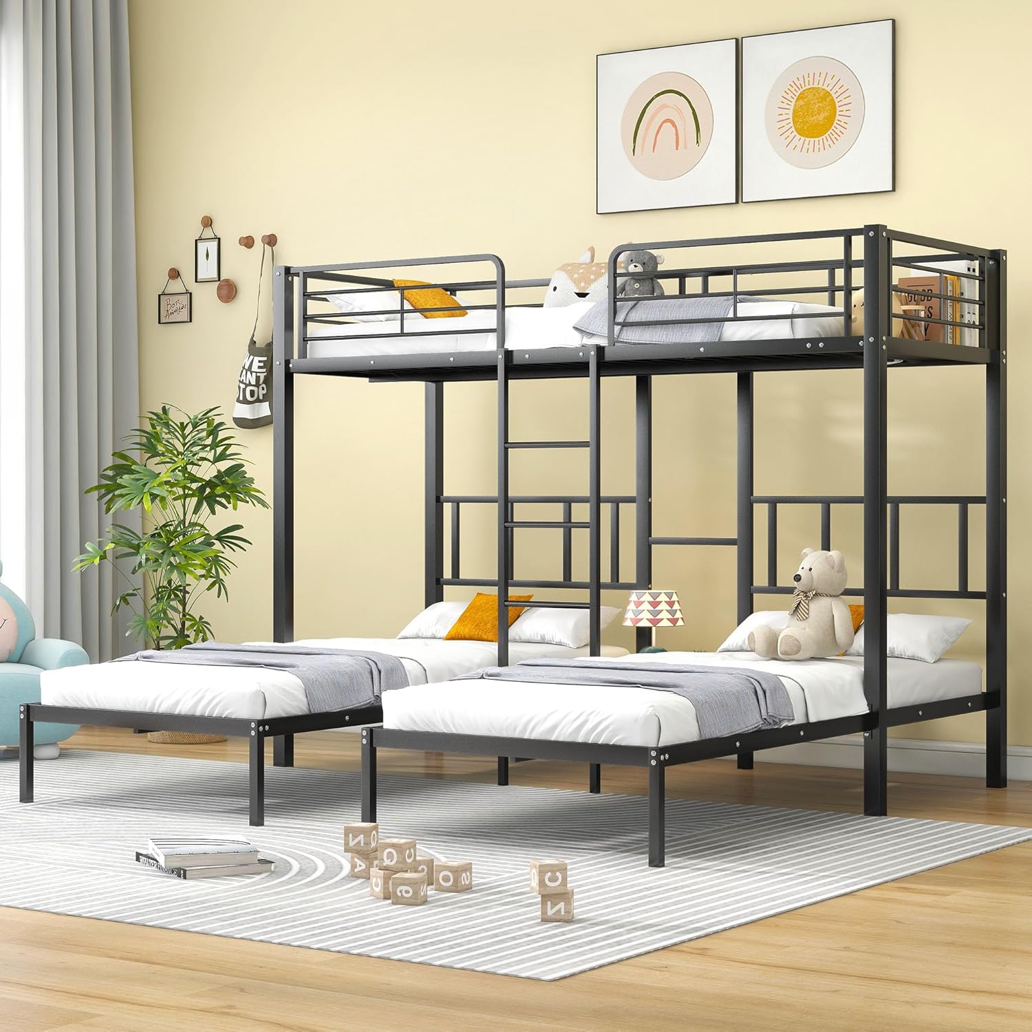 Kebnor 90x200cm*3 Dreierbett, Dreifaches Etagenbett mit Leiter für Kinder und Jugendliche, Eisenbett mit Fallschutzgitter und Tisch (Schwarz)