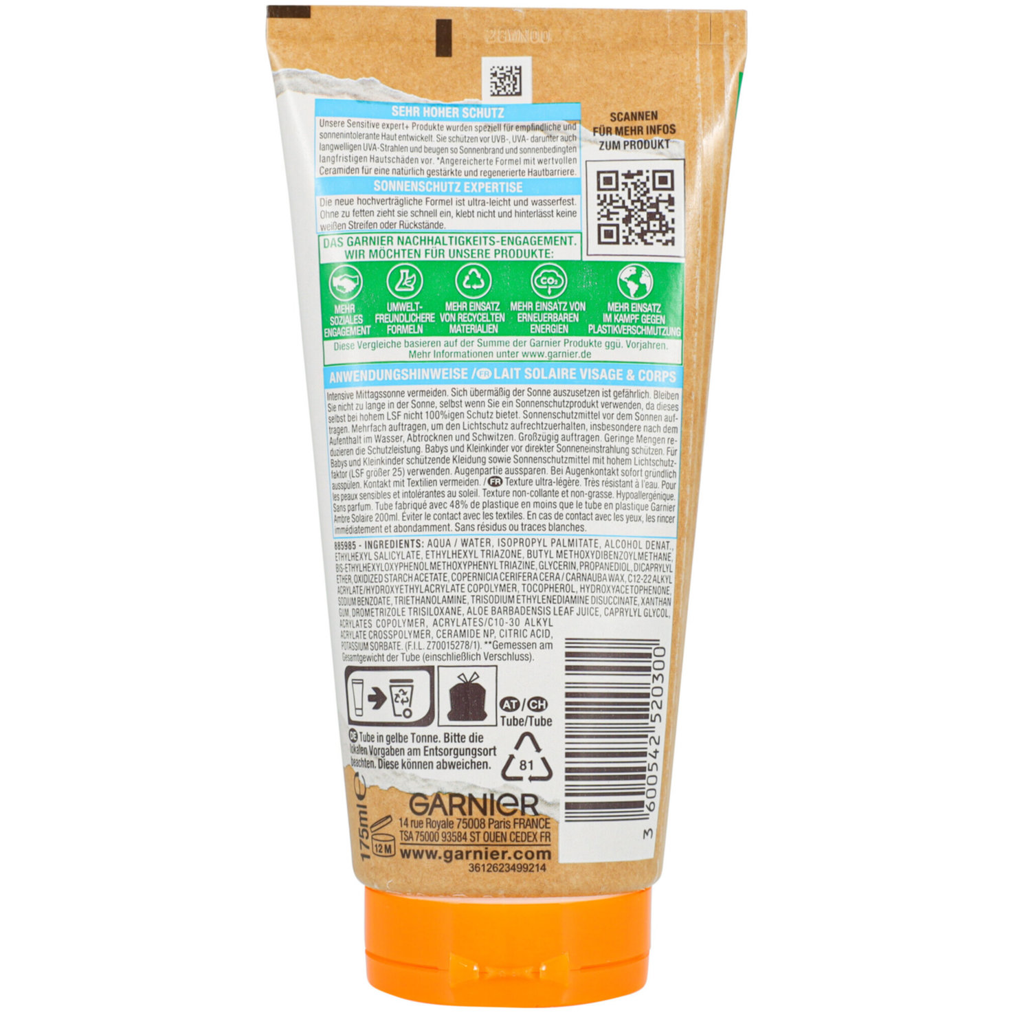 Garnier Ambre Solaire Sensitive expert+ Sonnenschutz-Milch LSF 50+, 175ml