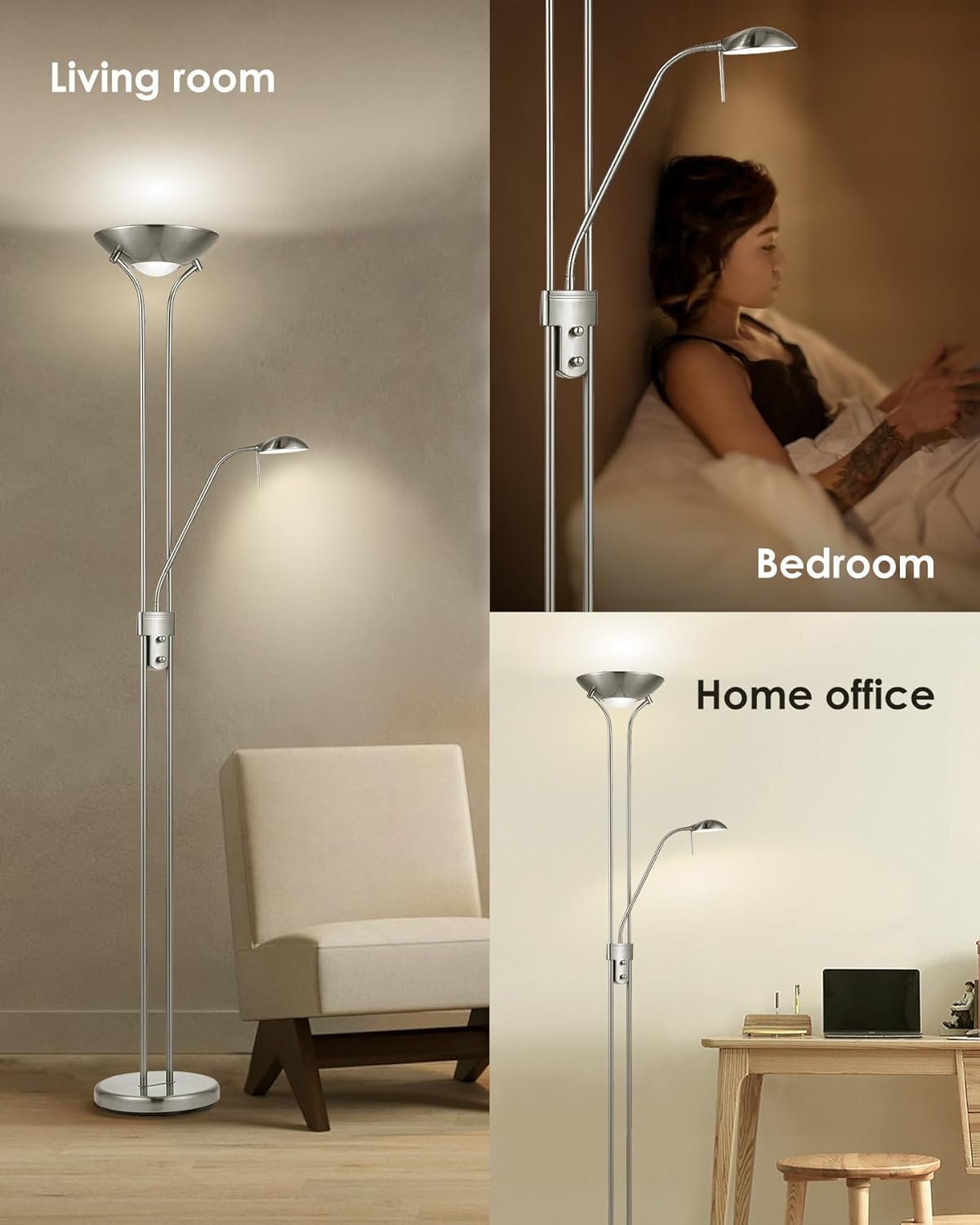 Home Sweet Home Moderner Matt Satiniert LED-Stehleuchte | 50/50/180cm | Retro Stehlampe Dimmbar Mit Leselampe | Inkl. R7s+G9 Lichtquelle | Warmweiß | Deckenfluter Für Wohnzimmer, Schlafzimmer