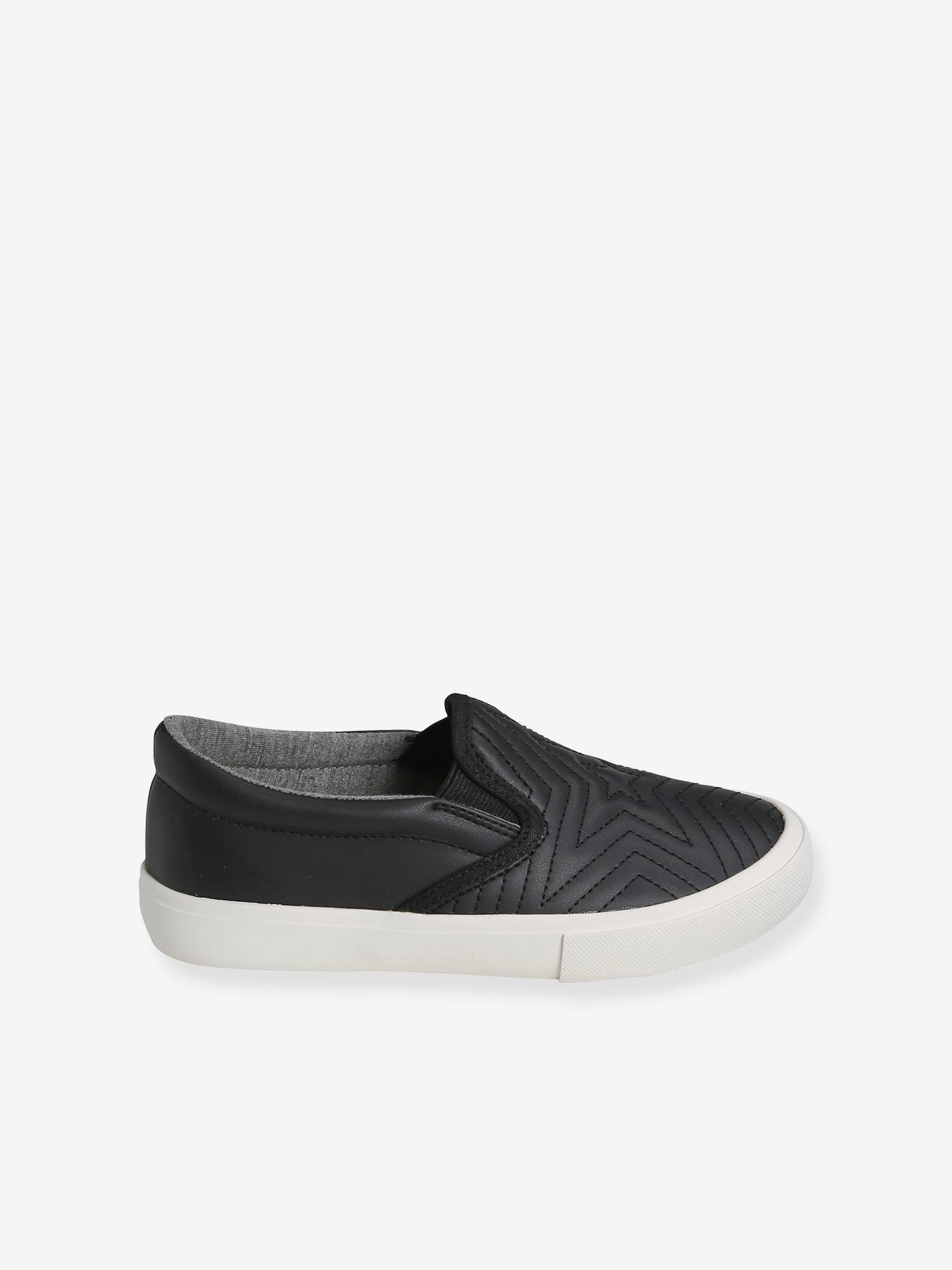 Tênis slip-on com estrelas bordadas, para meninas, preto liso.