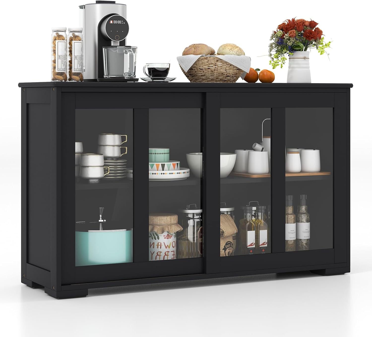 COSTWAY Sideboard, Küchenschrank mit Glasschiebetüren & verstellbarem Ablage, Buffetschrank Aufbewahrungsschrank, für Küche, Esszimmer, Wohnzimmer, 107 x 33 x 64 cm, Holz (Schwarz)