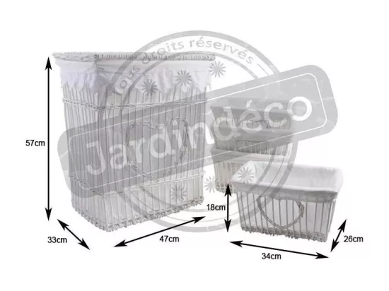 Panier à linge et 4 corbeilles coeur en osier et coton blanc (Lot de 5)