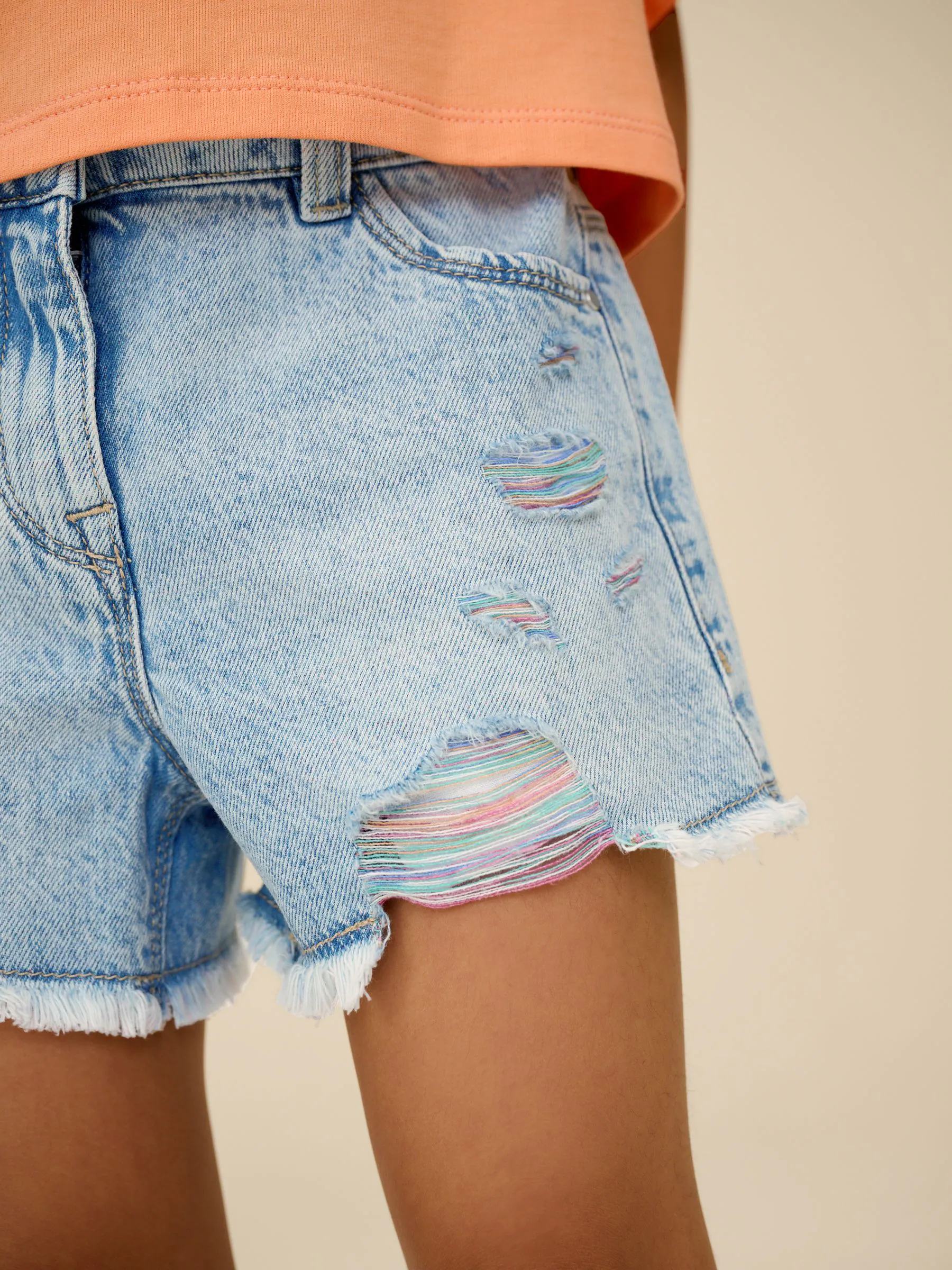 Regenboog - 100% katoenen shorts met gerafelde rand (3-16jr)