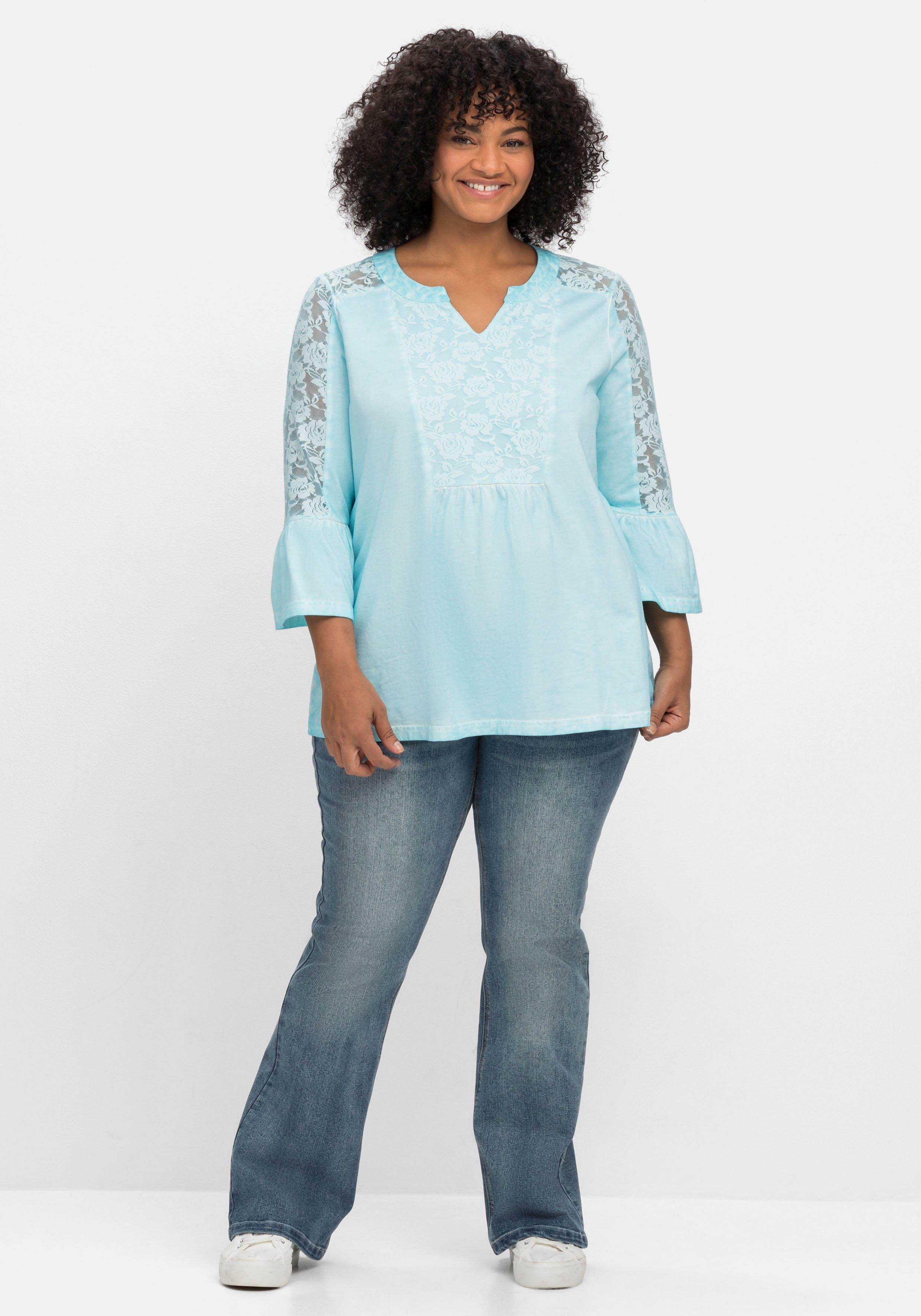 Shirt in Oil-dyed-Waschung, mit floraler Spitze