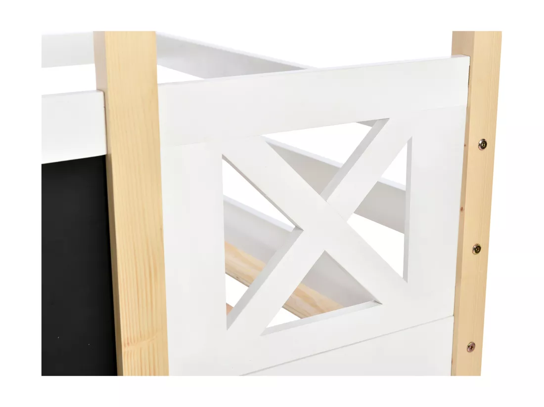 Lit superposé cabane en pin massif avec barrières anti-chutes + échelle + tableau noir - 90x200cm - Naturel & Blanc