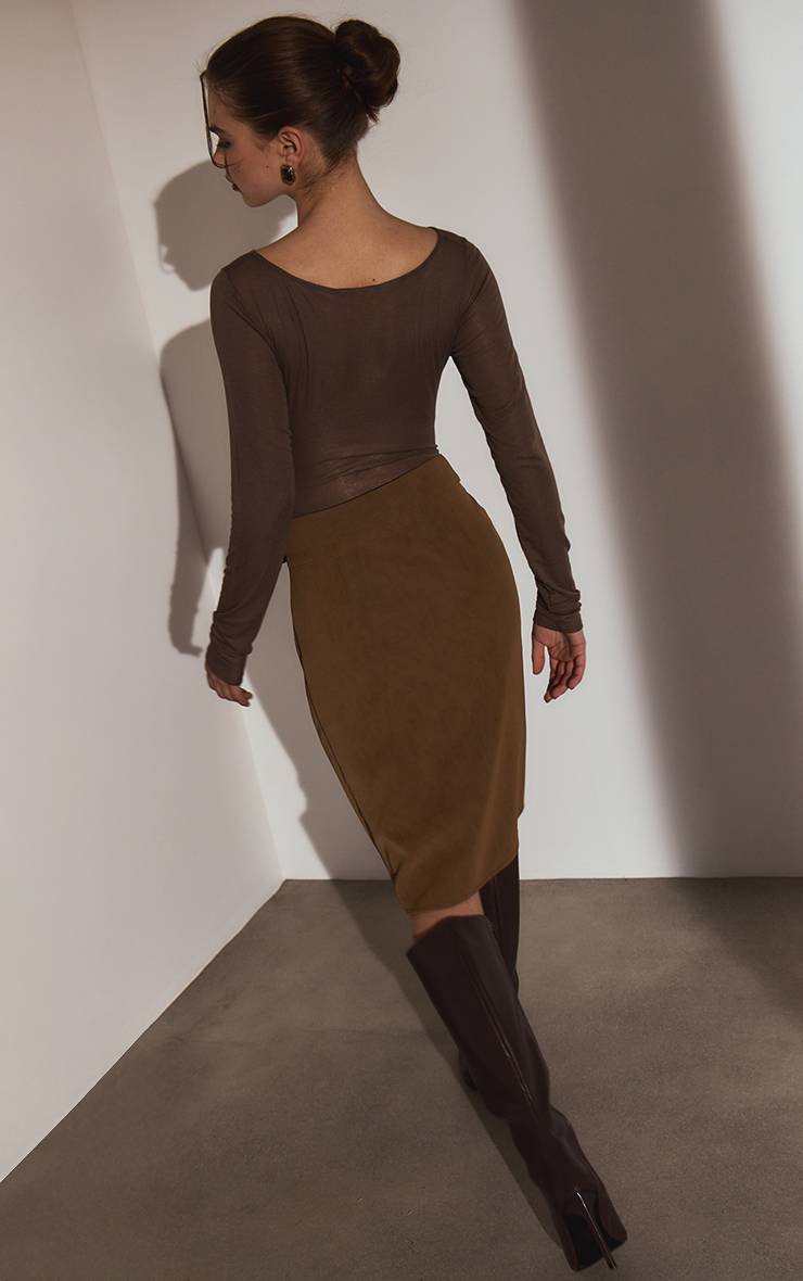 Light Brown Jupe Midi En Synthétiquecuir Souple Avec Ceinture
