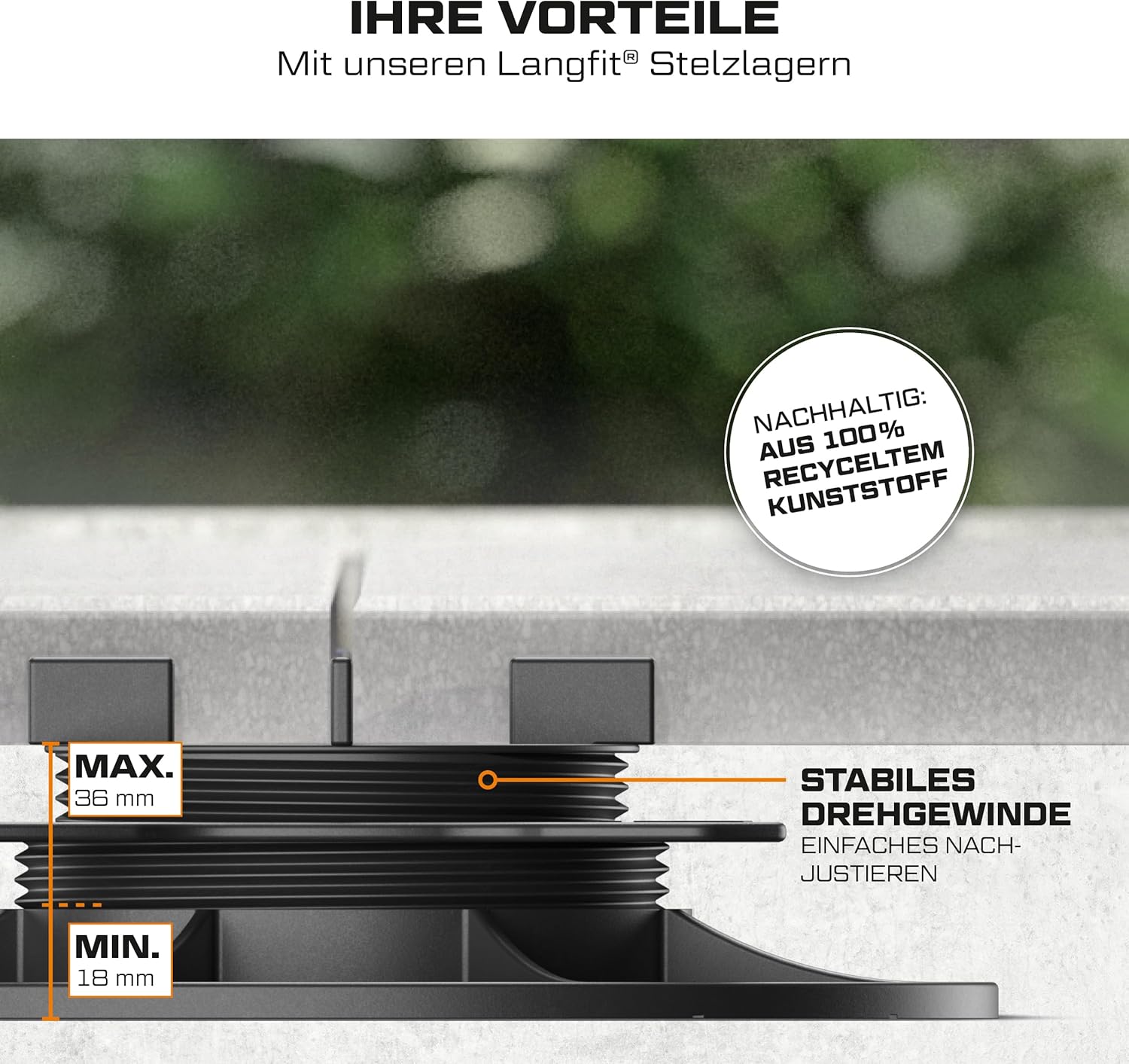 50x LANGFIT® Stelzlager 'M' für Terrassenplatten – Stufenlos höhenverstellbar von 18 bis 36mm – Fugenkreuz 3mm – Flexibles Adaptersystem – Made in Germany – MS-SL18-036-FK